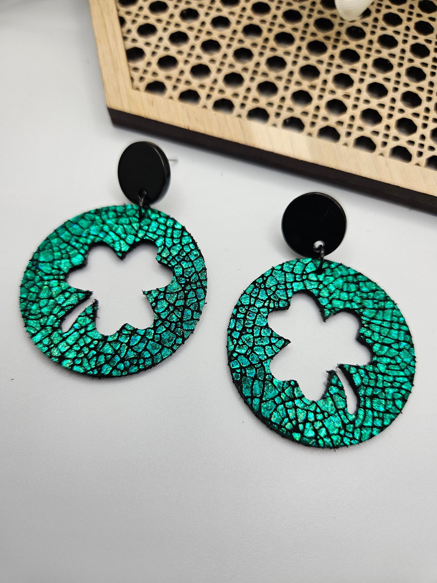 Green Sparkle Clover Leather Earrings with Studs