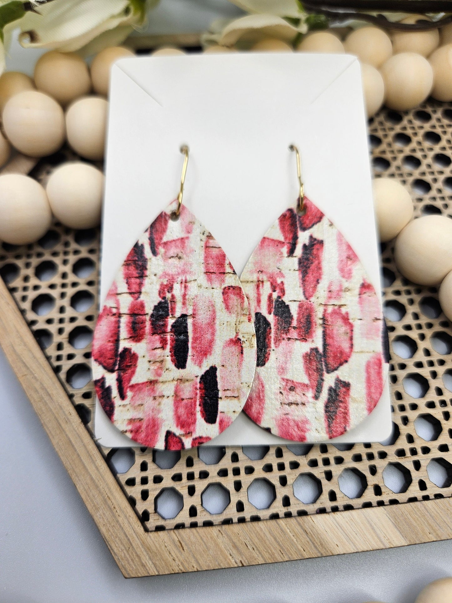 Pink Striped Teardrop Cork on Leather Earrings