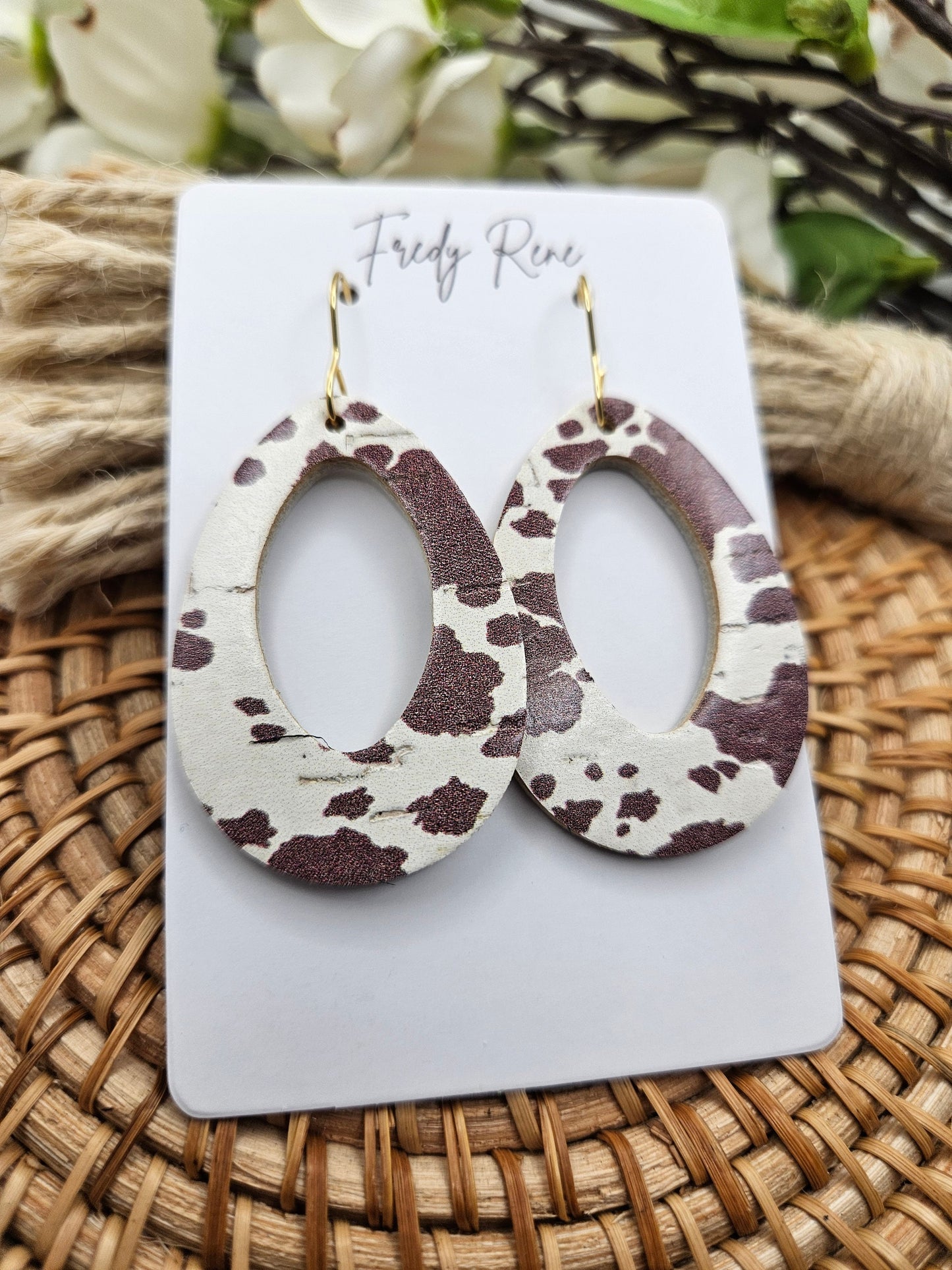 Brown Cow Cork on Genuine Leather Teardrop Earrings