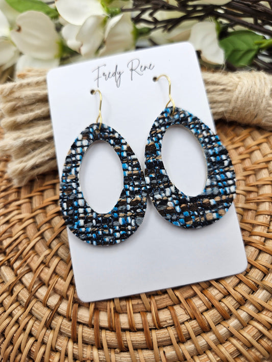 Blue Tweed on Genuine Leather Earrings