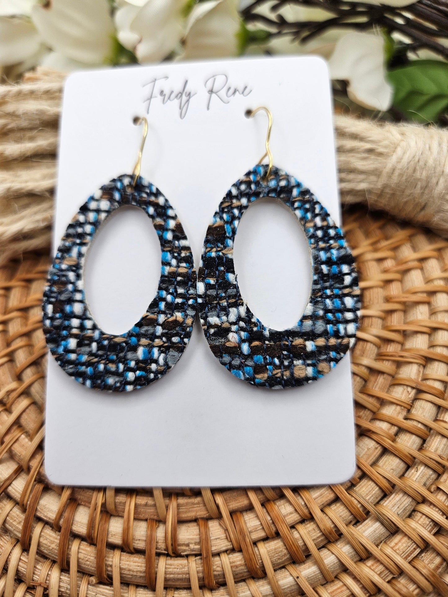 Blue Tweed on Genuine Leather Earrings