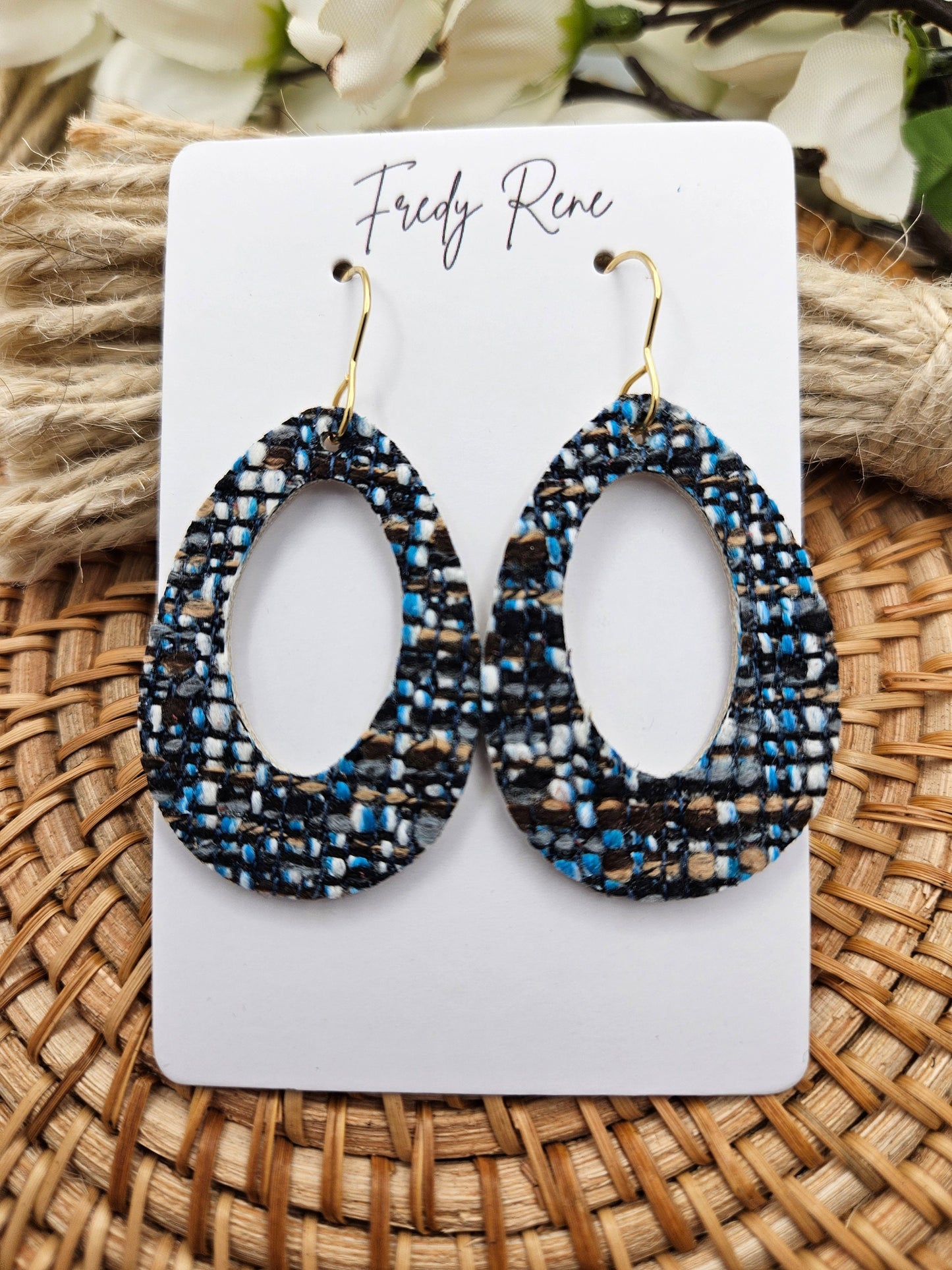 Blue Tweed on Genuine Leather Earrings