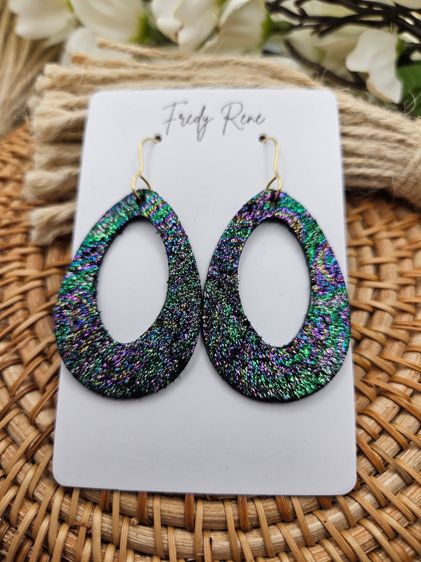 Black Iridescent Genuine Leather Teardrop Earrings