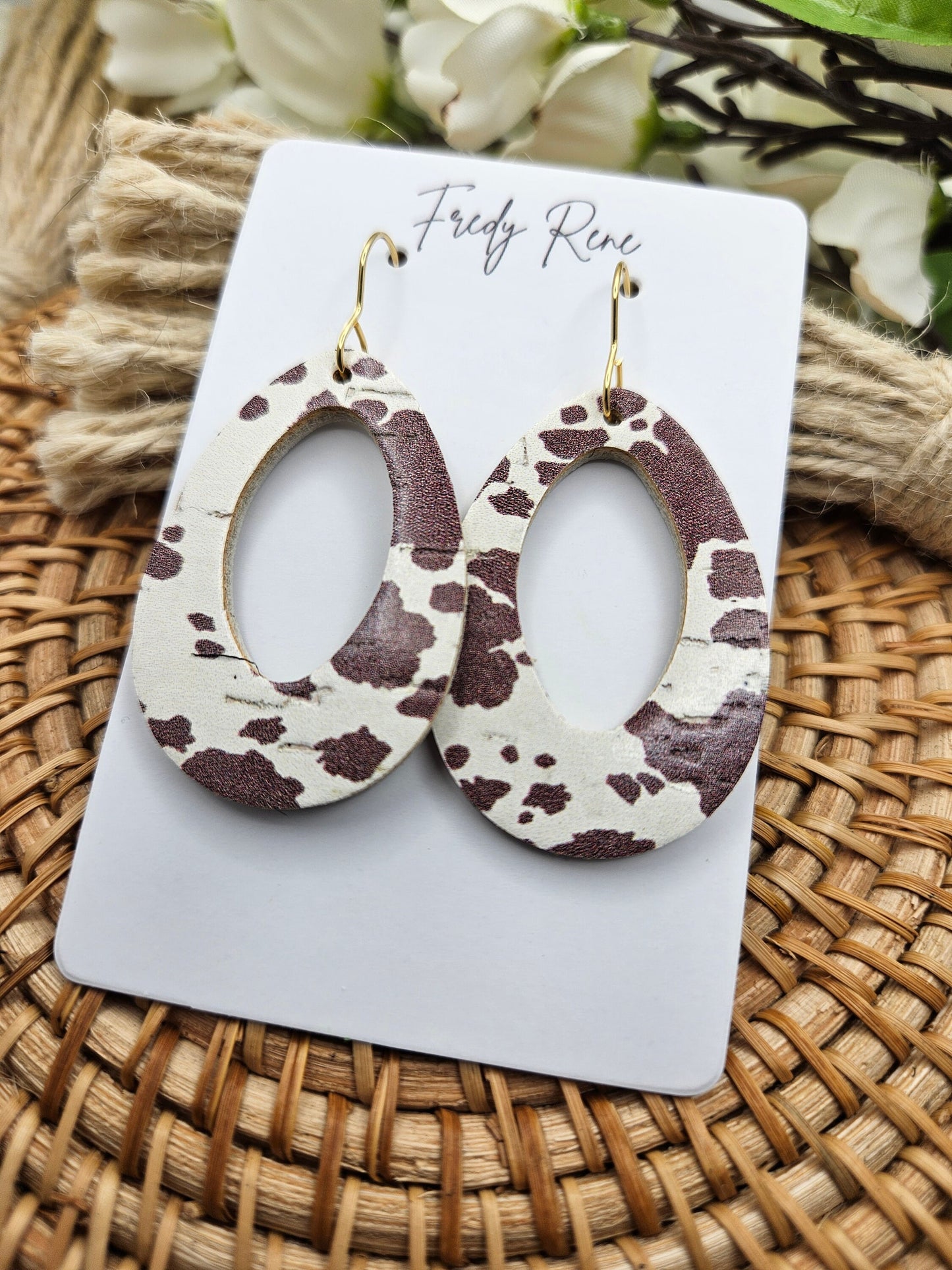 Brown Cow Cork on Genuine Leather Teardrop Earrings