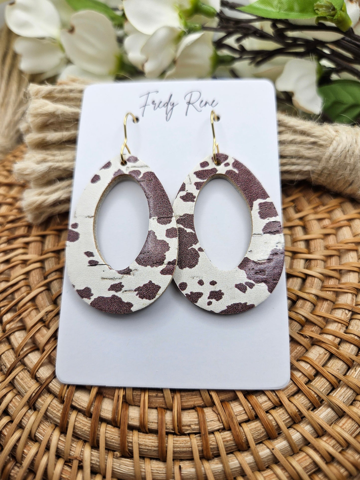 Brown Cow Cork on Genuine Leather Teardrop Earrings