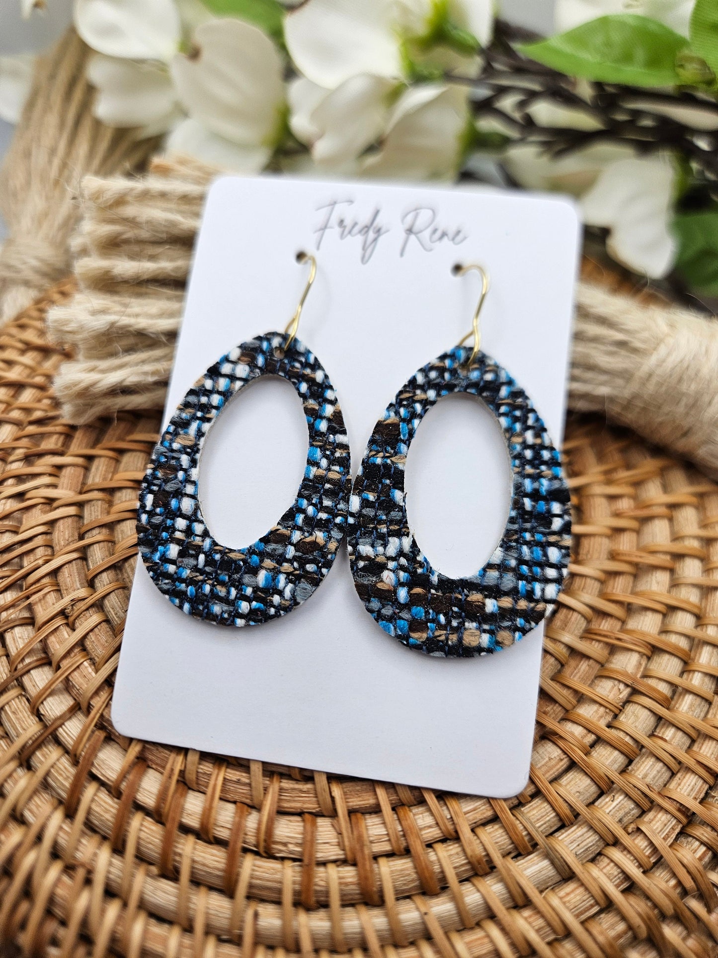 Blue Tweed on Genuine Leather Earrings