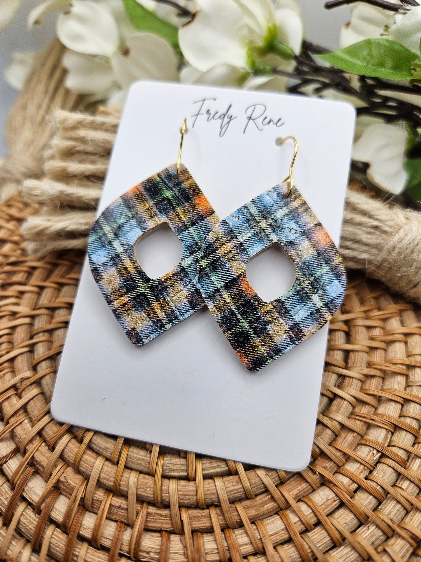 Fall Plaid Cork Backed with Genuine Leather Earrings