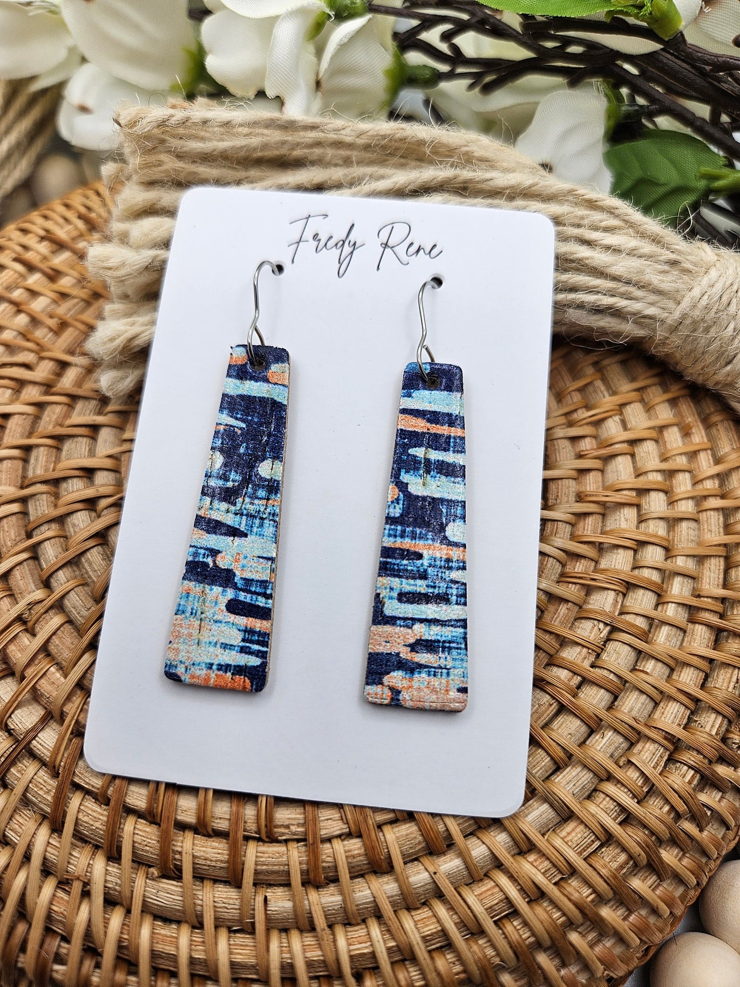 Abstract Blue Bar Cork Backed with Leather Earrings