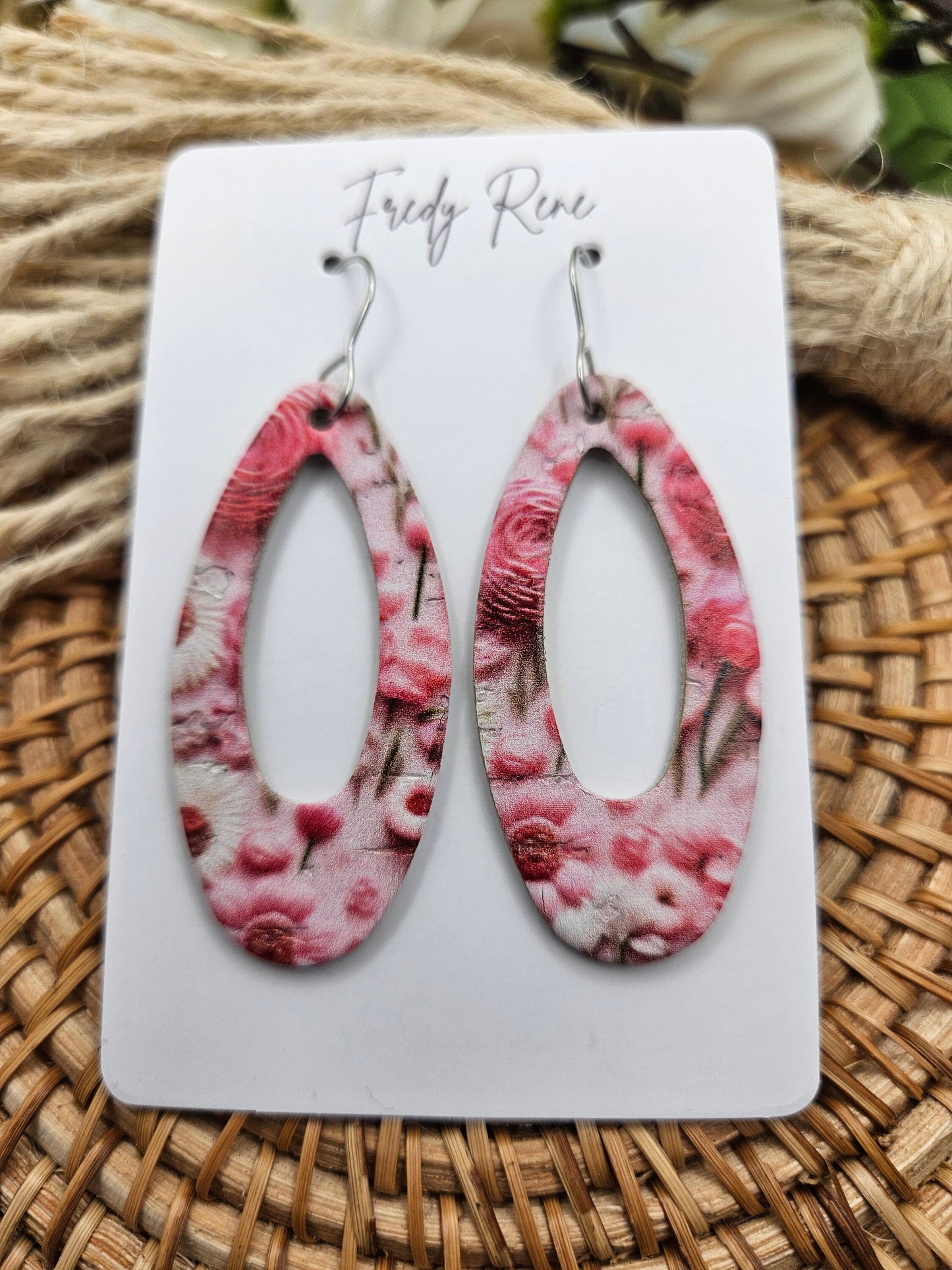 Pink Floral Cork on Genuine Leather Earrings