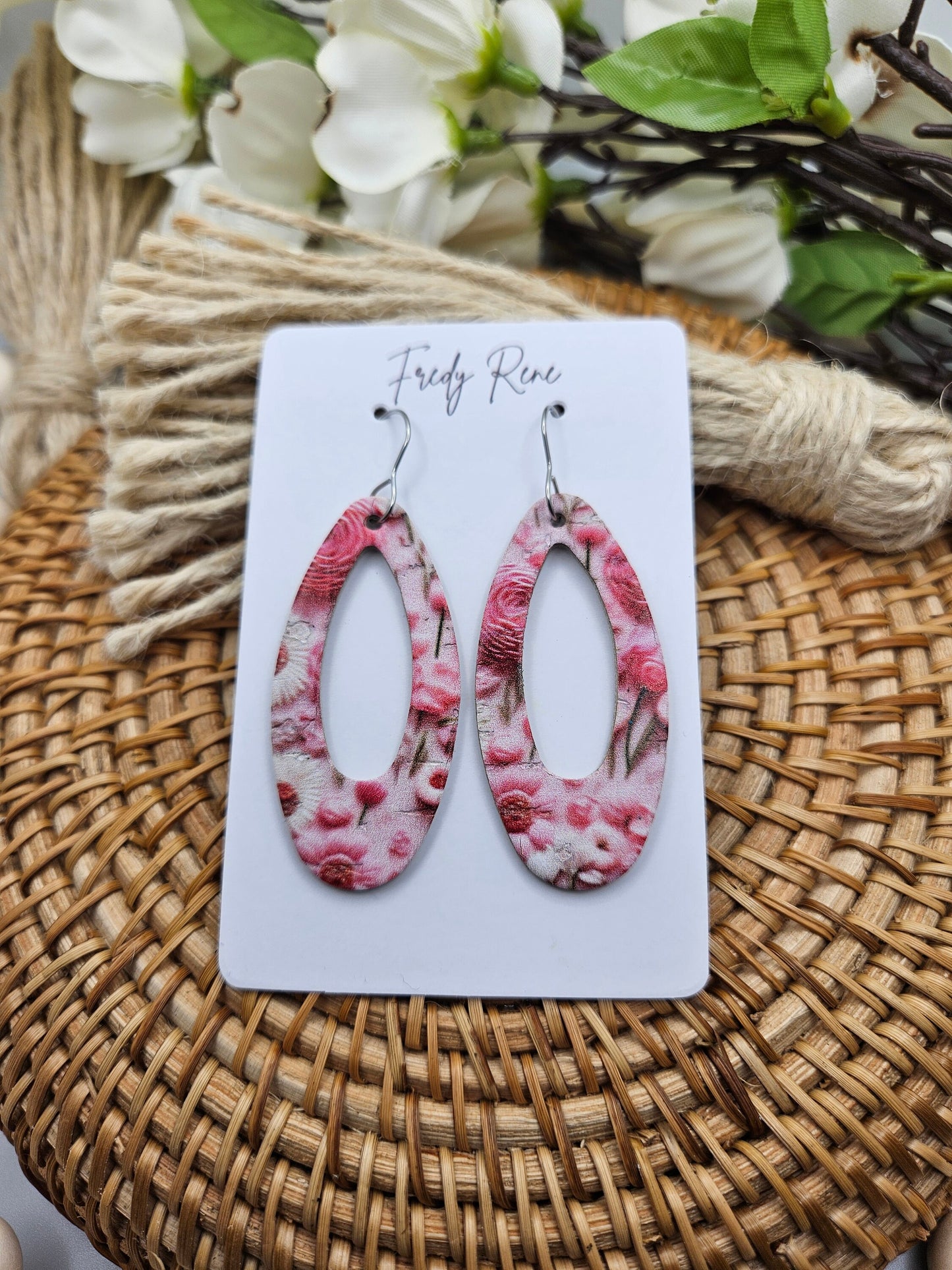 Pink Floral Cork on Genuine Leather Earrings