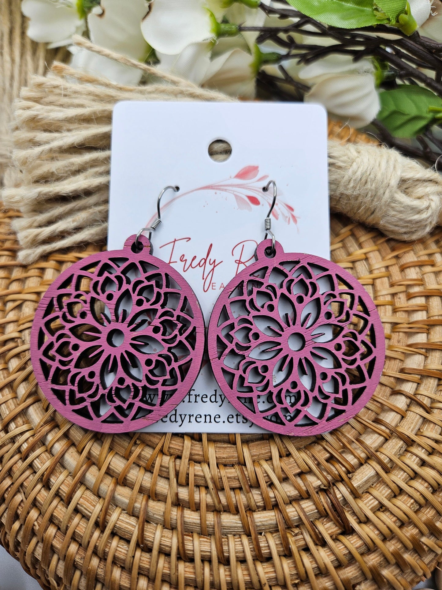 Pink Hand Painted Wooden Floral Earrings