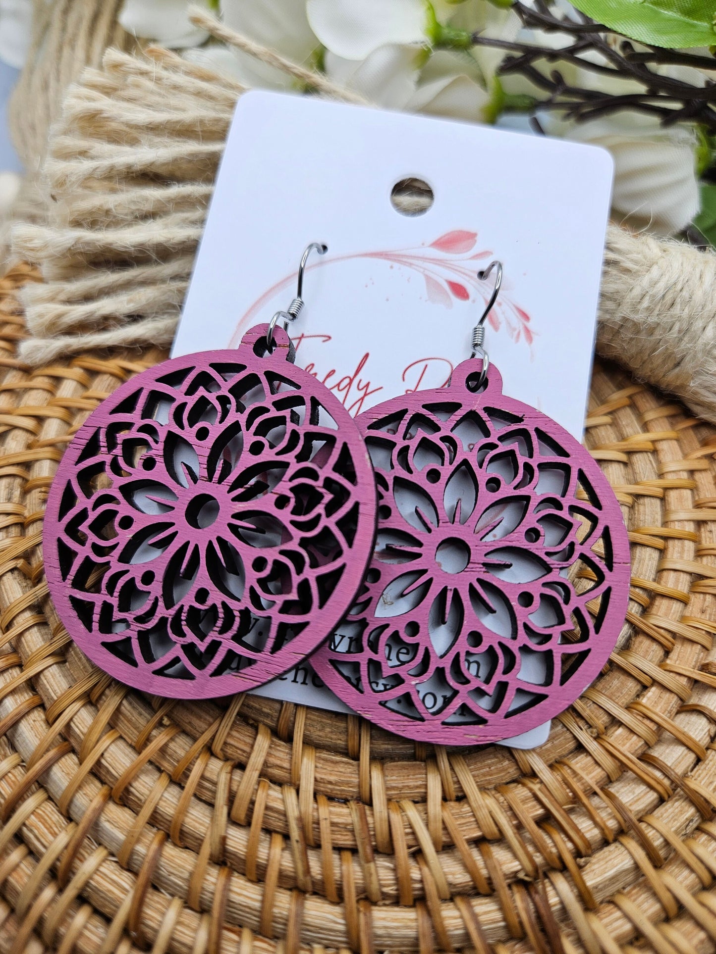 Pink Hand Painted Wooden Floral Earrings