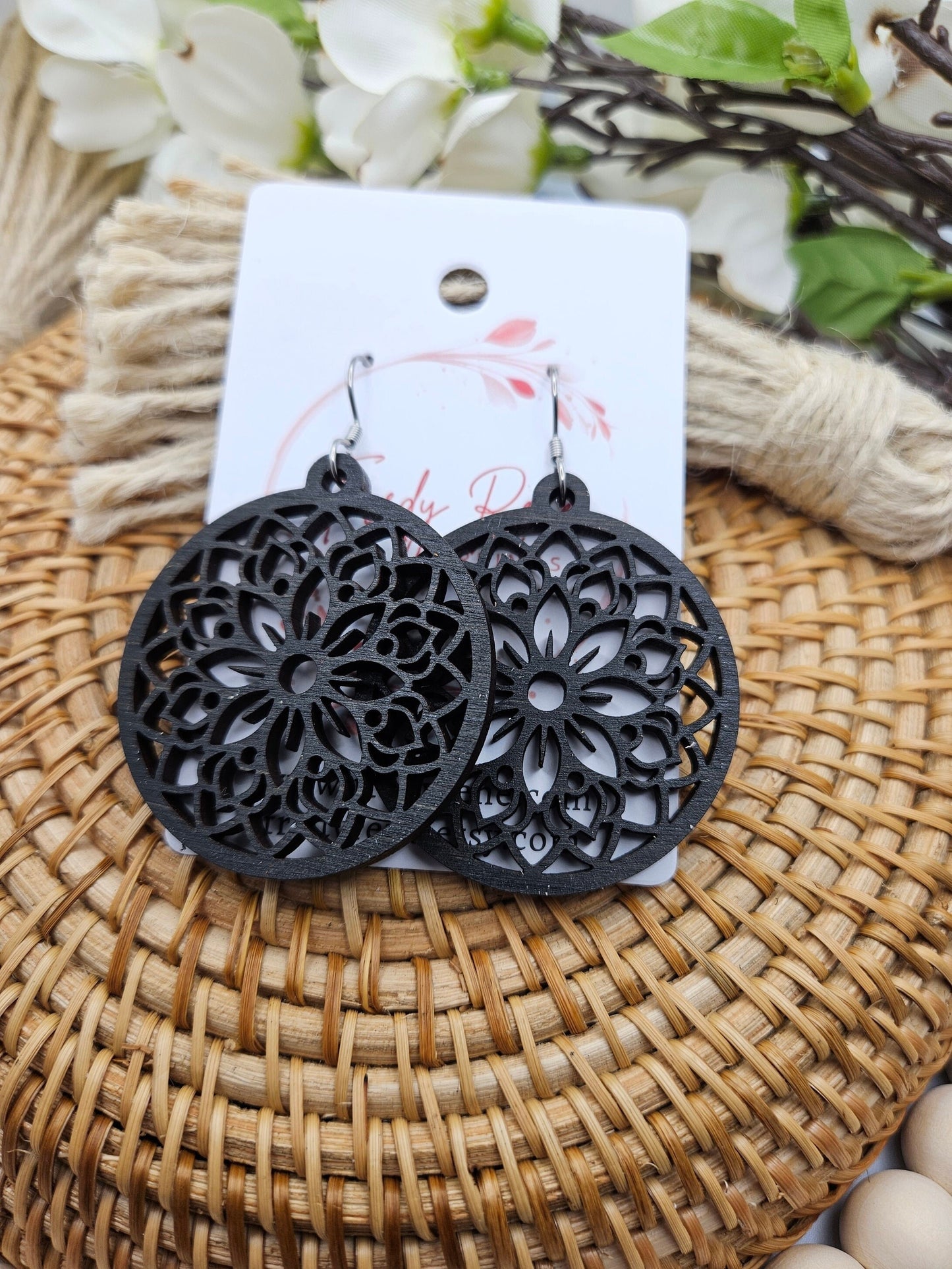 Black Wooden Floral Earrings