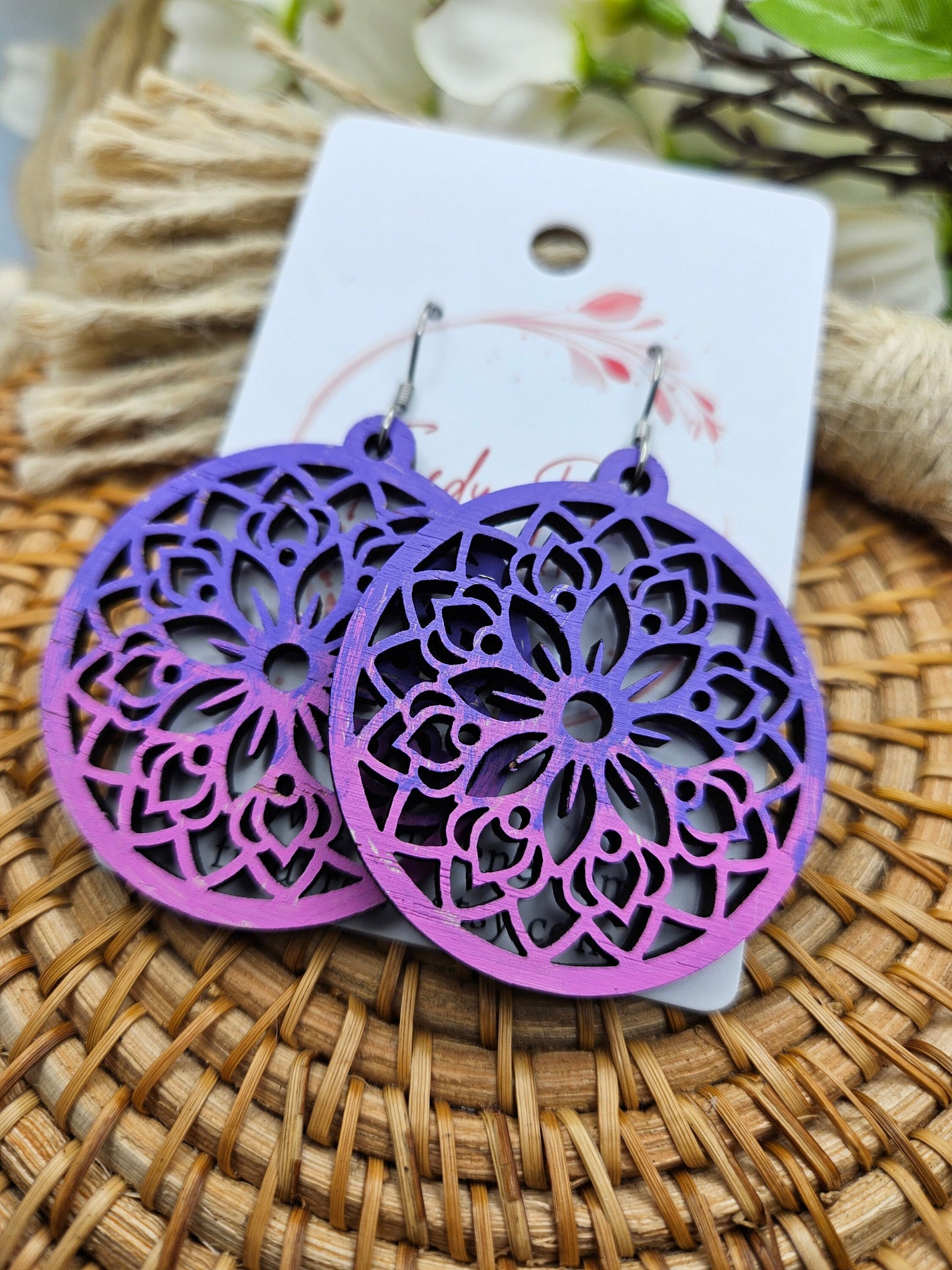 Purple & Pink Hand Painted Wooden Floral Earrings