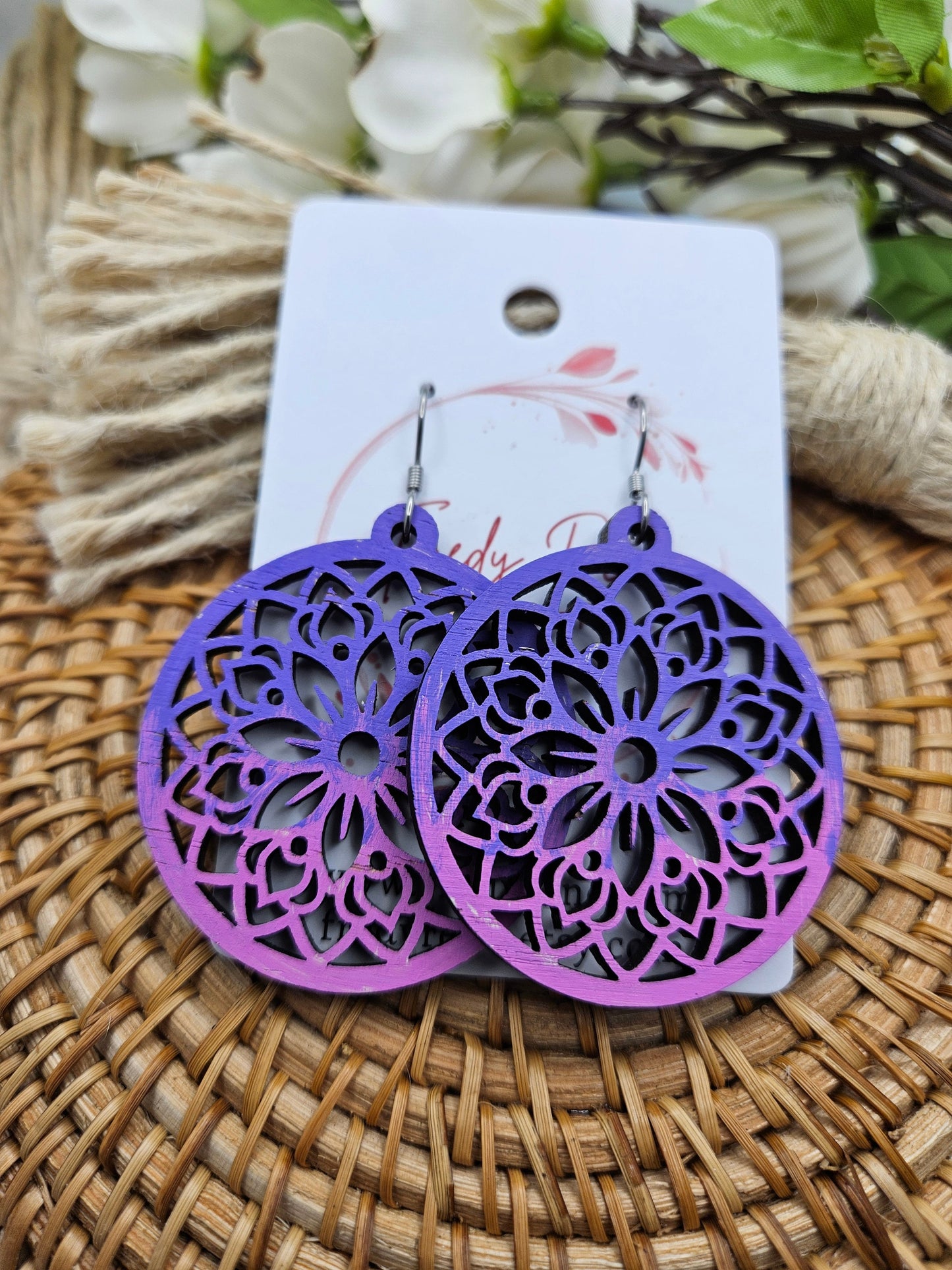 Purple & Pink Hand Painted Wooden Floral Earrings