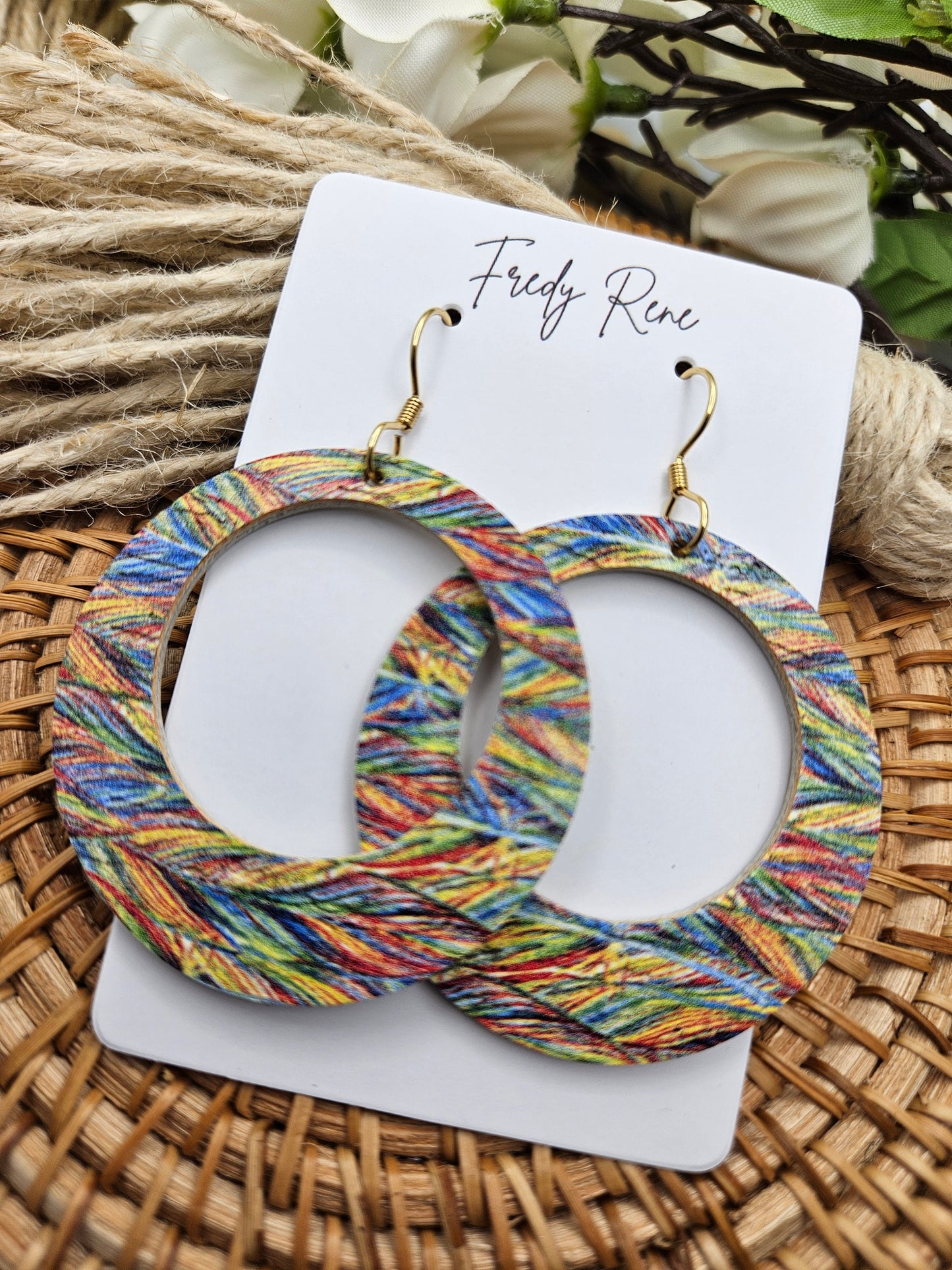 Rainbow Feather Cork Backed with Leather Circle Earrings