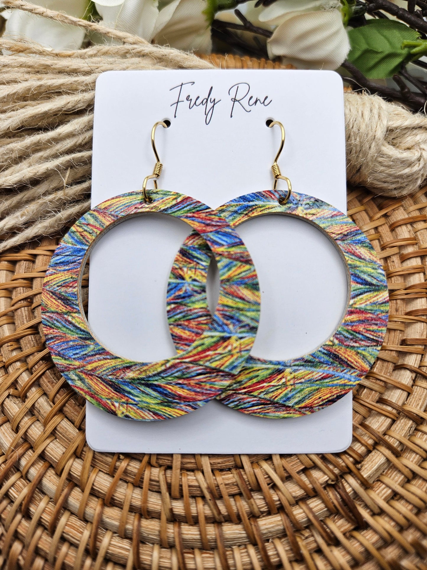 Rainbow Feather Cork Backed with Leather Circle Earrings