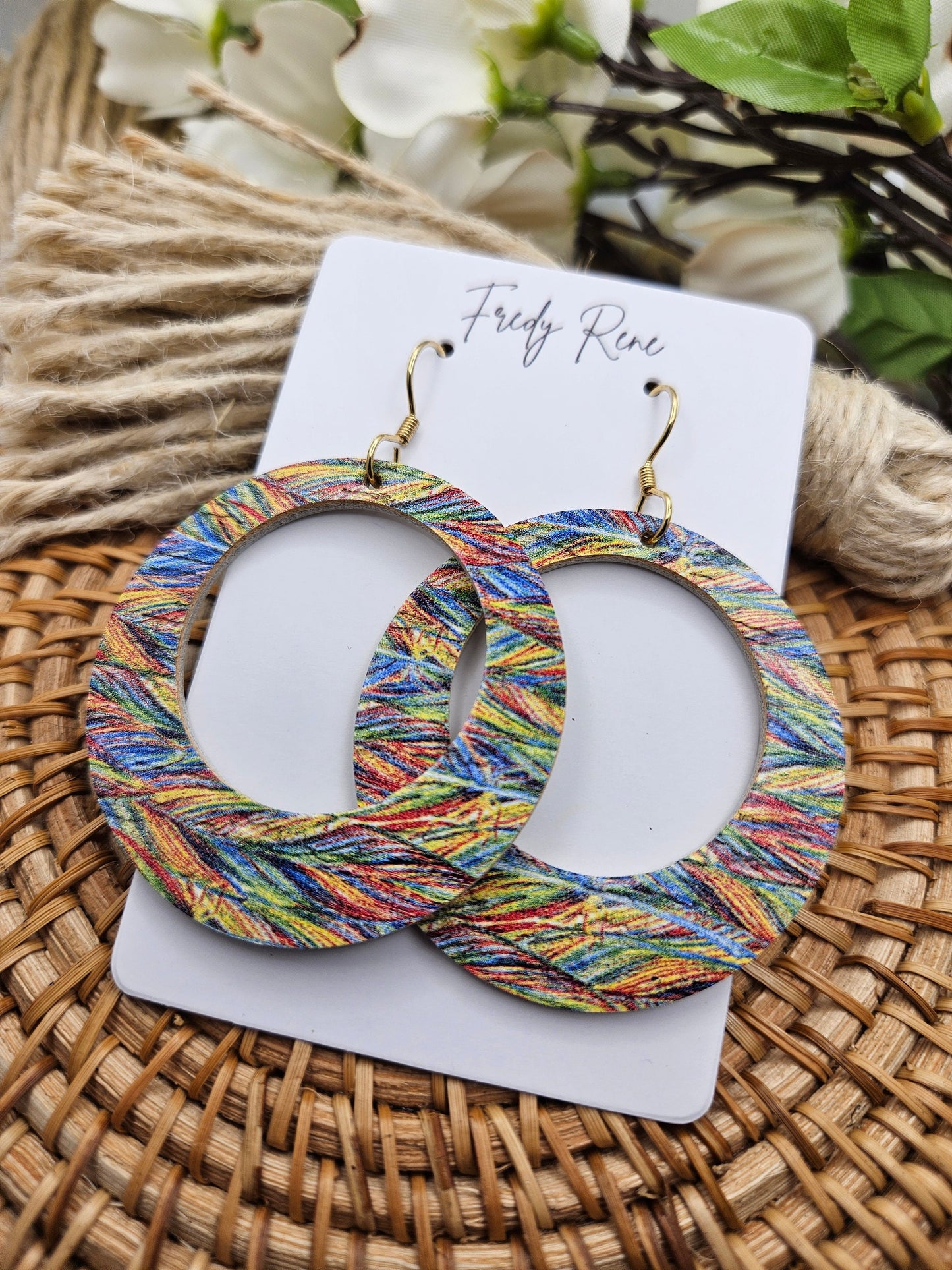 Rainbow Feather Cork Backed with Leather Circle Earrings