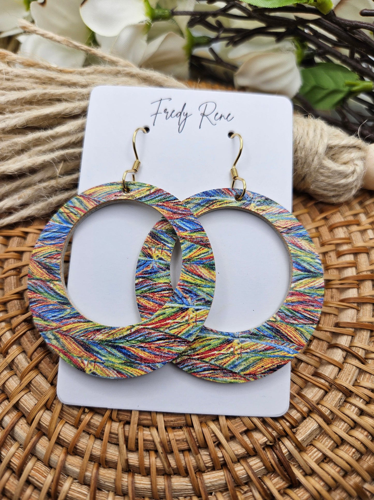 Rainbow Feather Cork Backed with Leather Circle Earrings