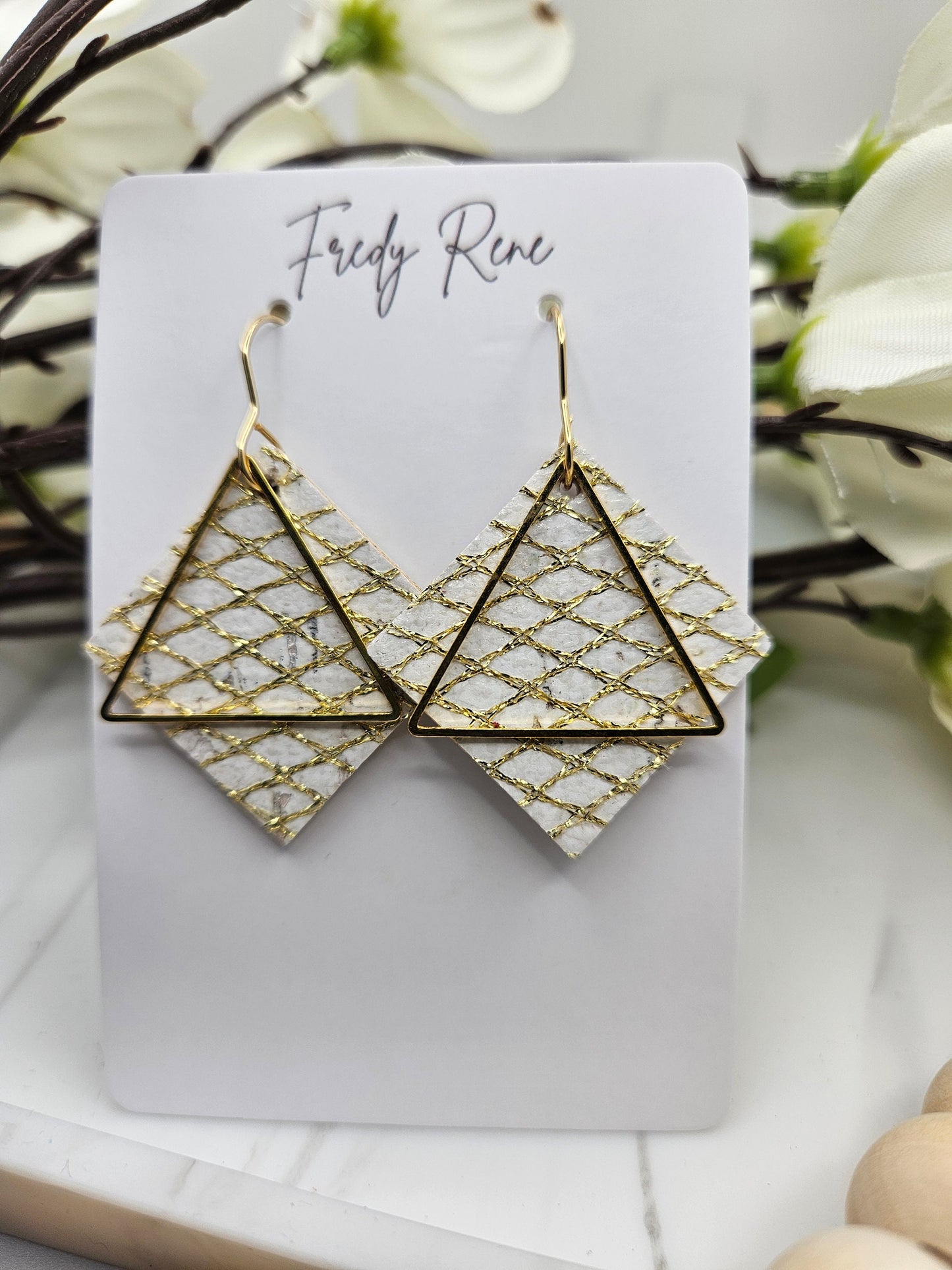 White & Gold Cork Backed with Genuine Leather Earrings