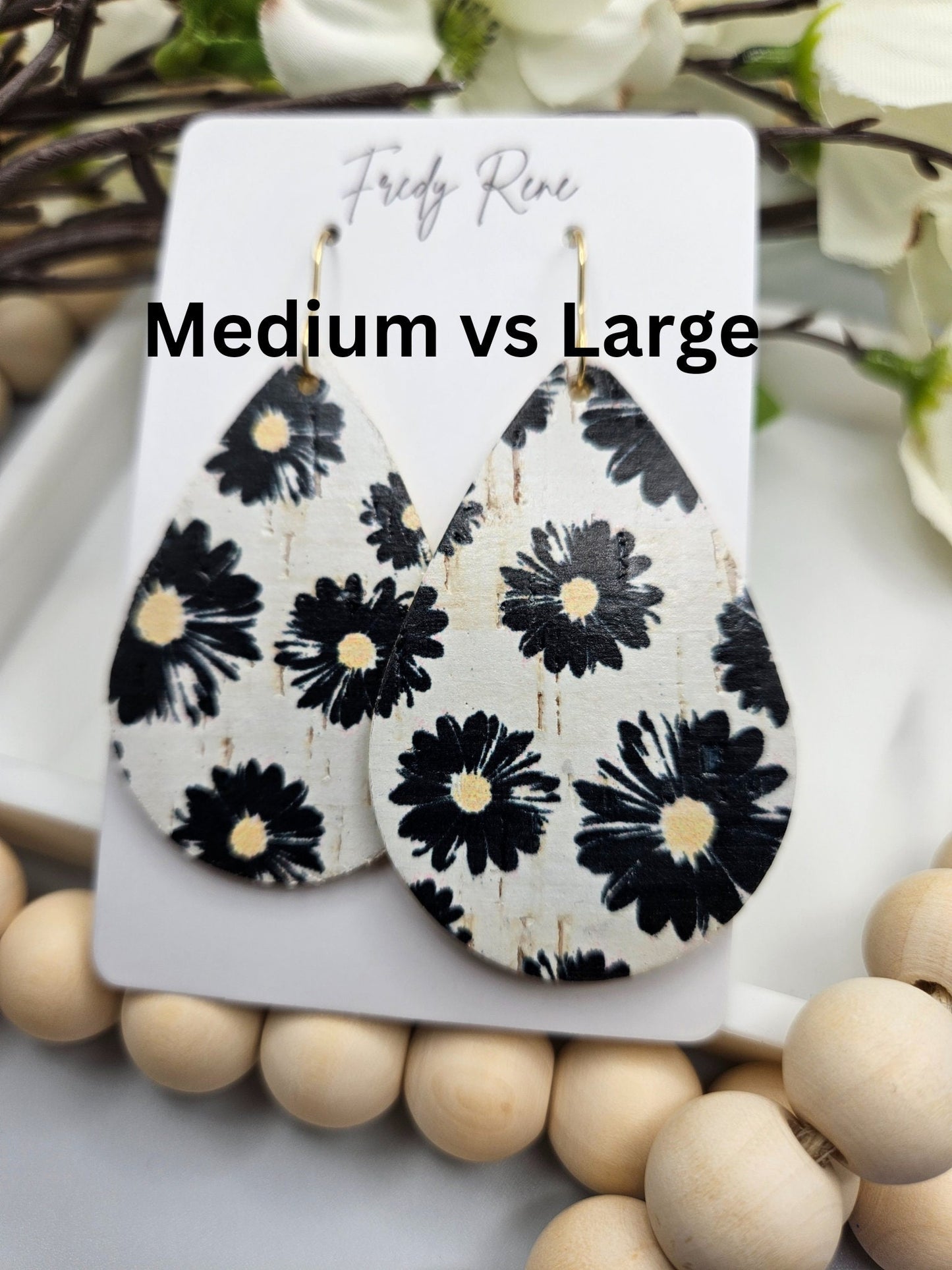 Medium Black Floral Cork Backed with Genuine Leather Teardrop Earrings