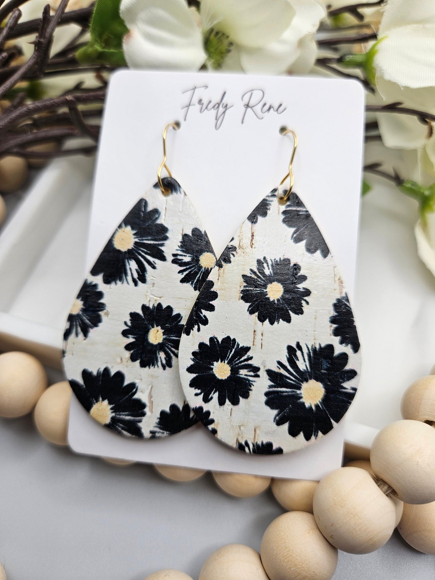 Large Black Floral Cork Backed with Genuine Leather Teardrop Earrings