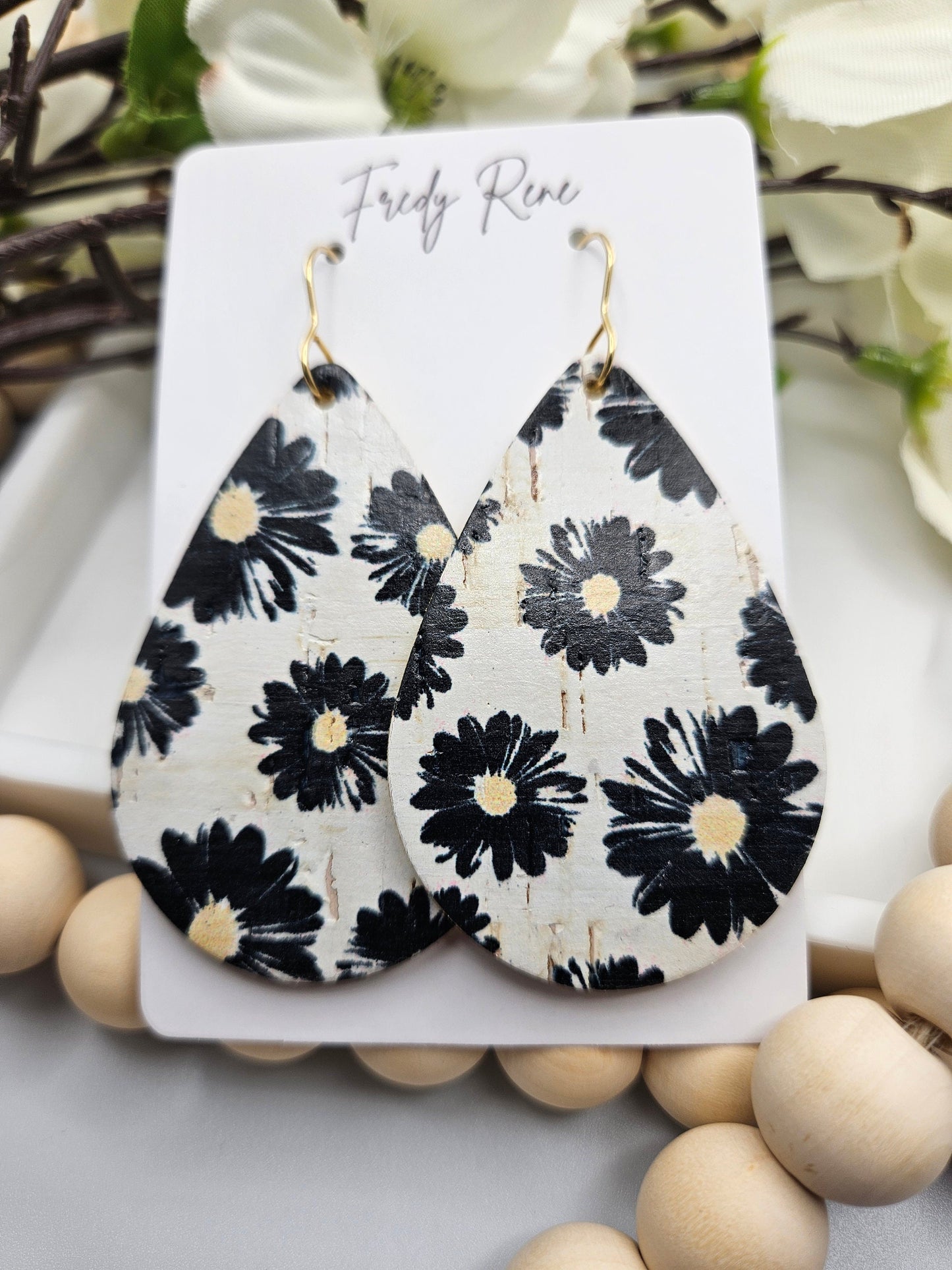 Large Black Floral Cork Backed with Genuine Leather Teardrop Earrings