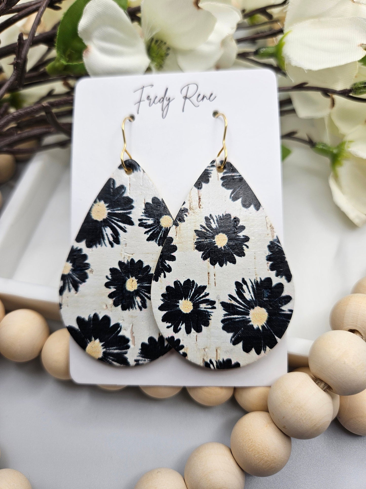 Large Black Floral Cork Backed with Genuine Leather Teardrop Earrings