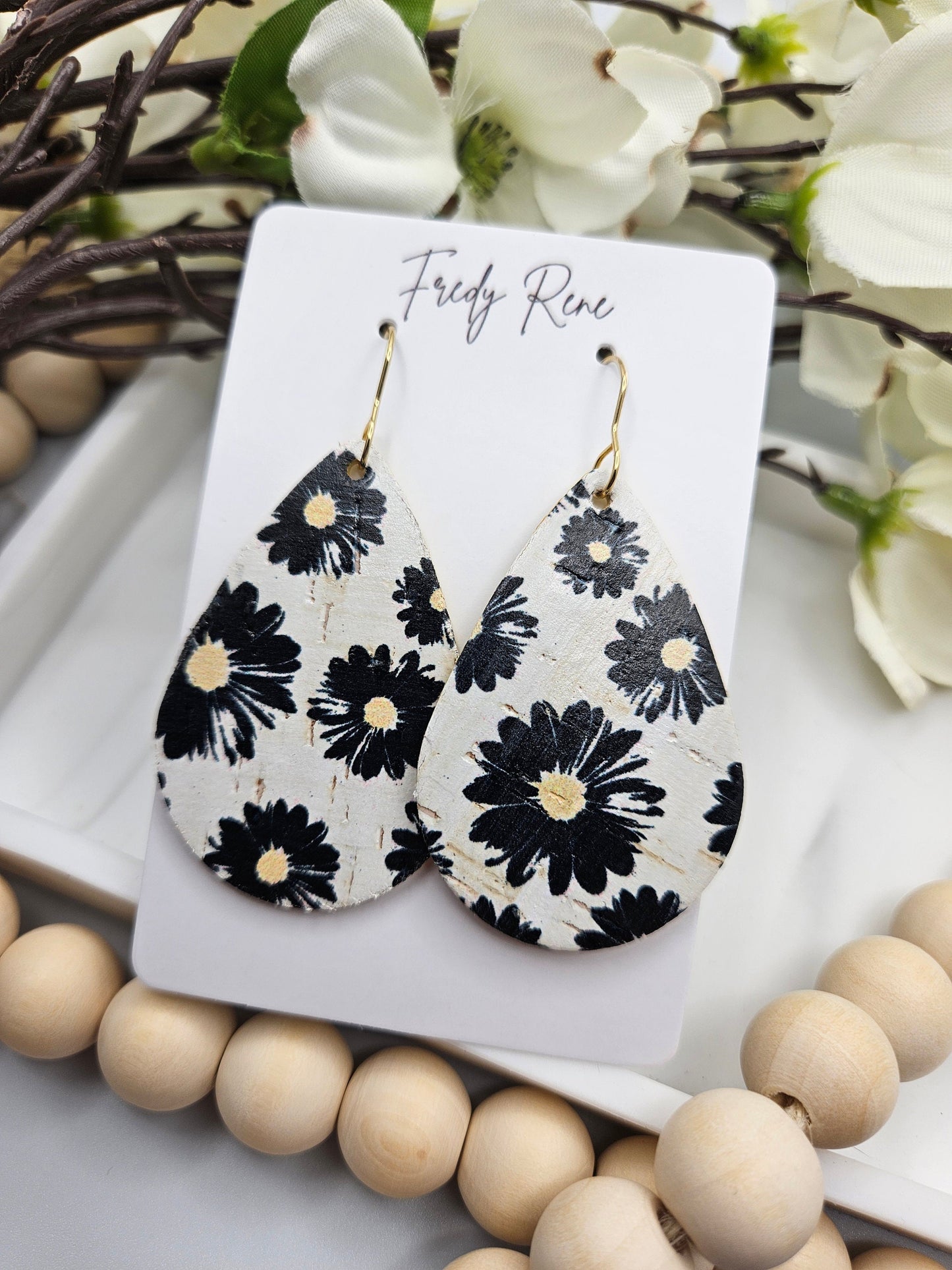 Medium Black Floral Cork Backed with Genuine Leather Teardrop Earrings