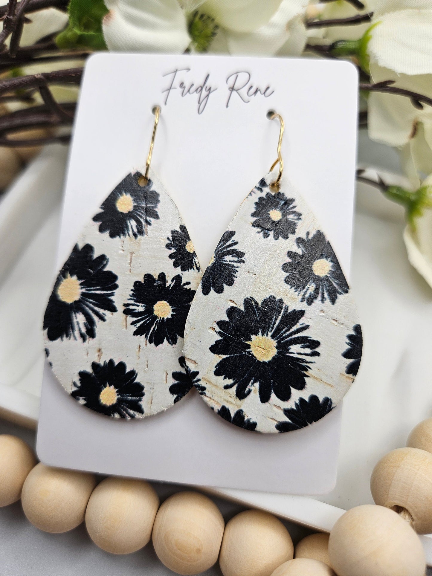 Medium Black Floral Cork Backed with Genuine Leather Teardrop Earrings