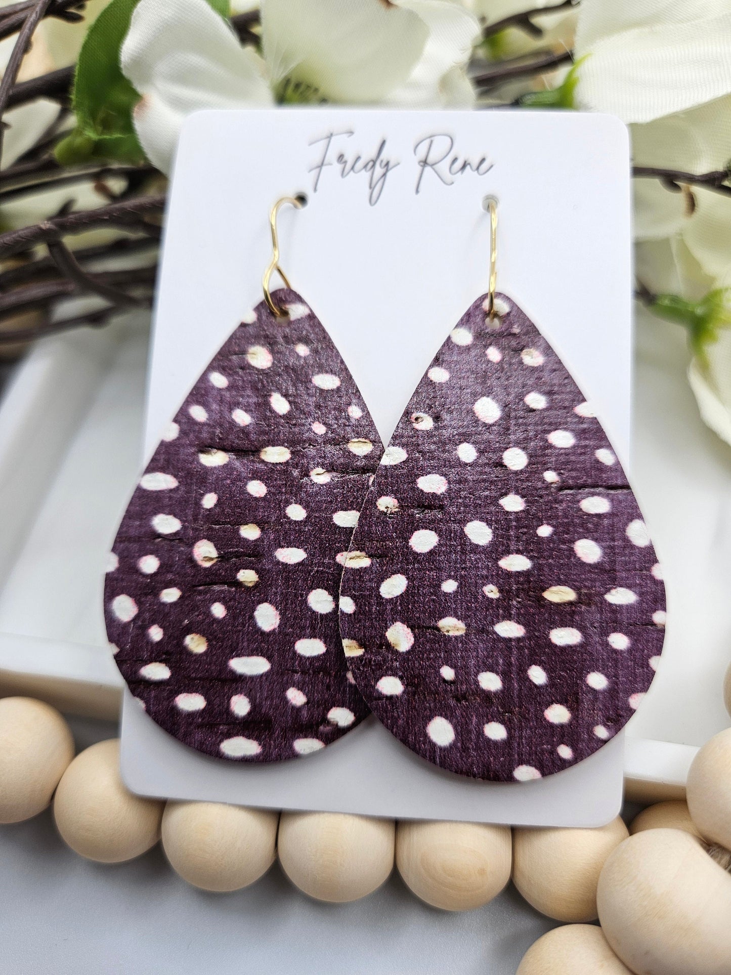 Large Wine Dotted Cork Backed with Genuine Leather Teardrop Earrings