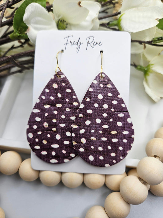 Large Wine Dotted Cork Backed with Genuine Leather Teardrop Earrings