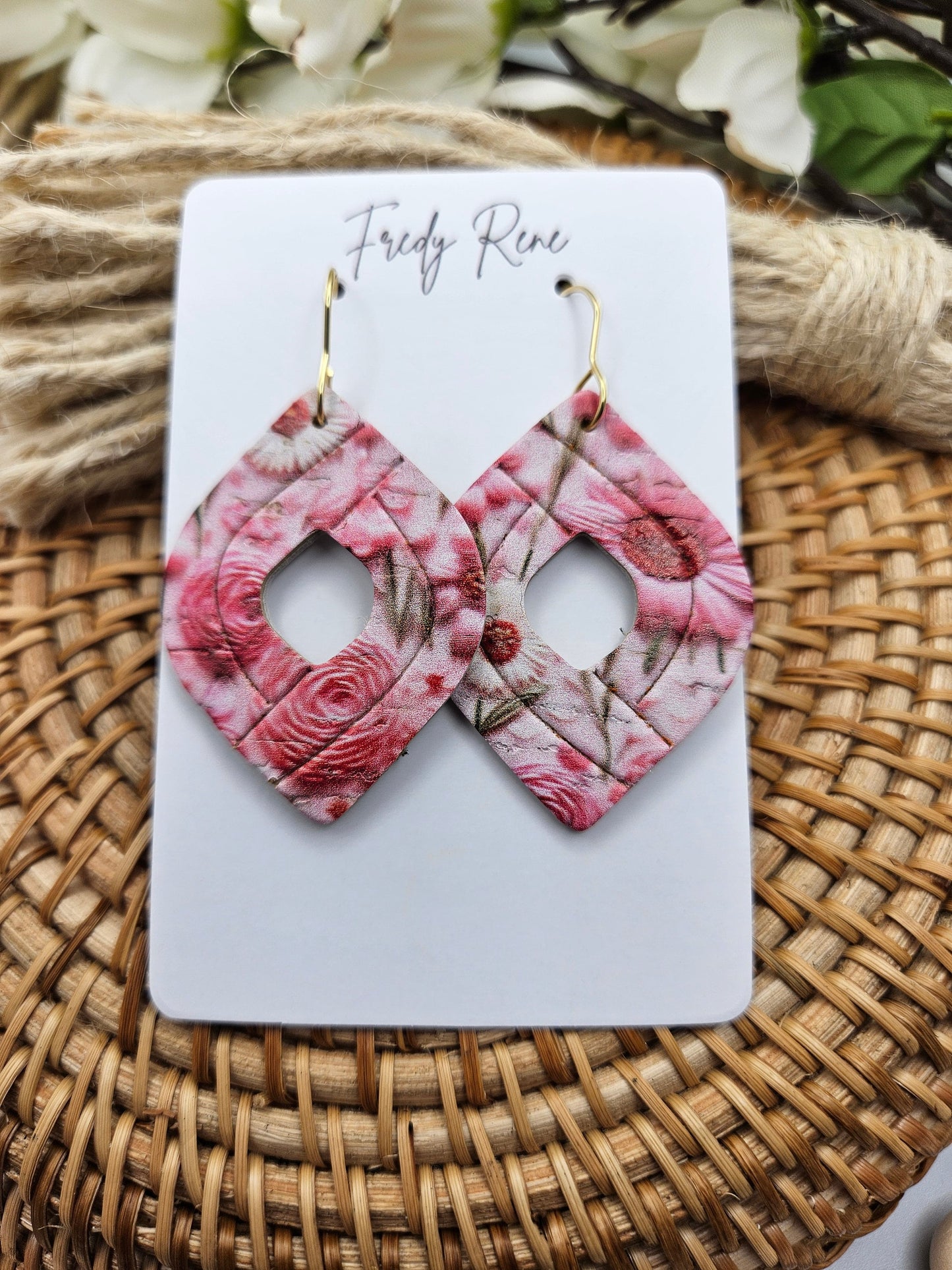 Pink Floral Cork Backed with Genuine Leather Earrings