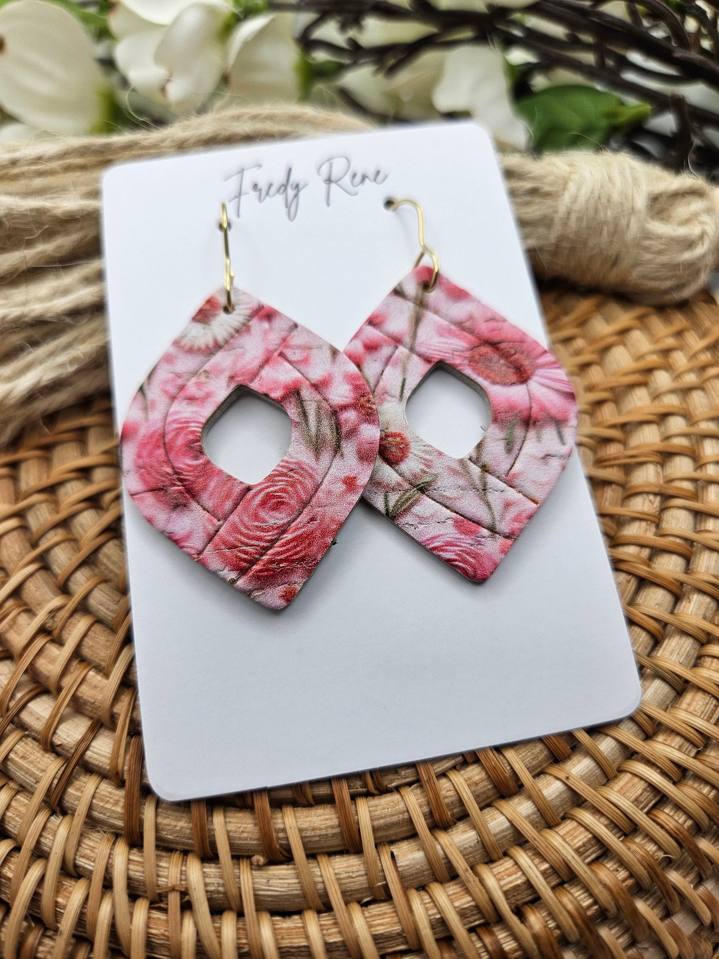 Pink Floral Cork Backed with Genuine Leather Earrings