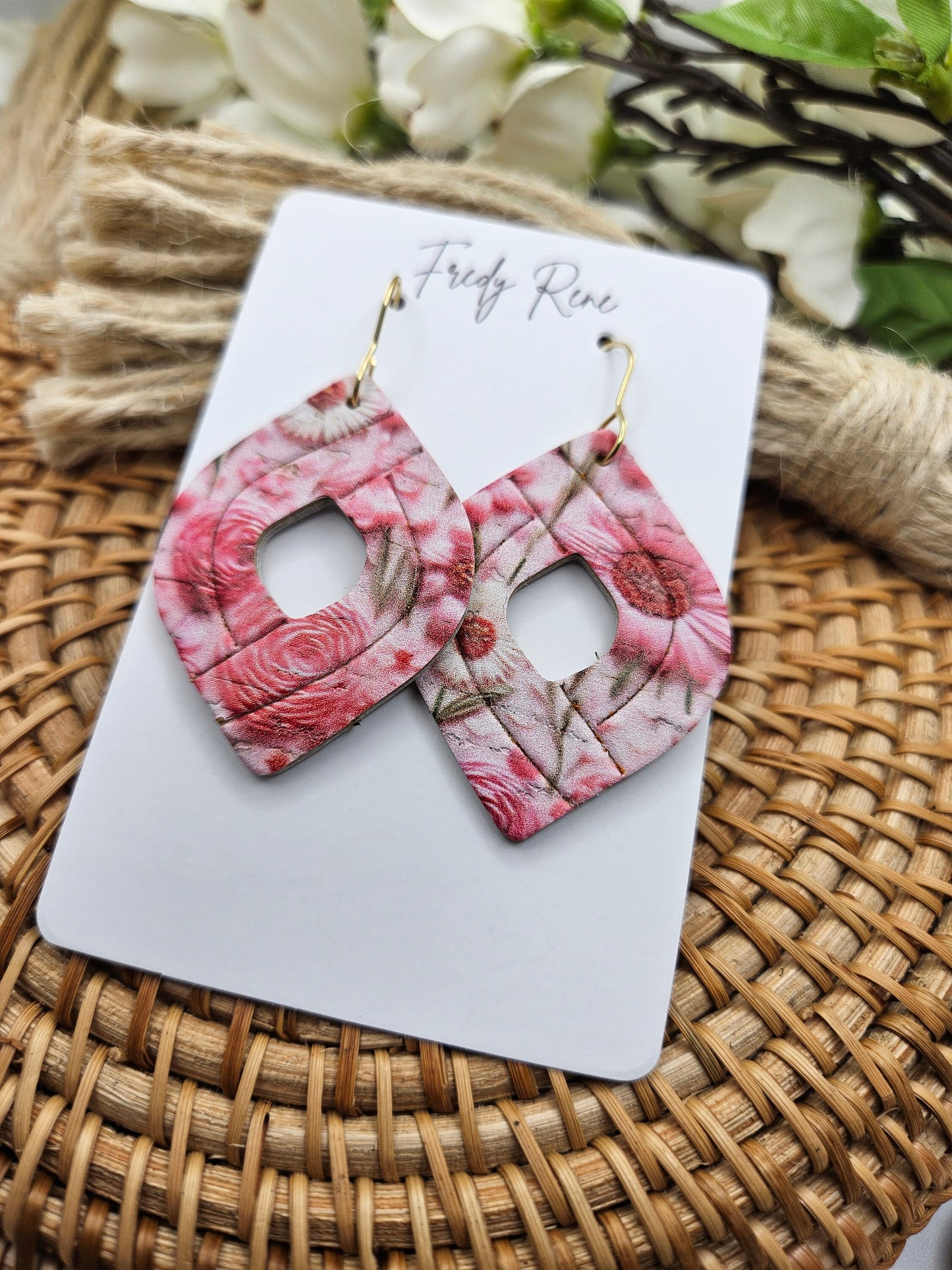 Pink Floral Cork Backed with Genuine Leather Earrings