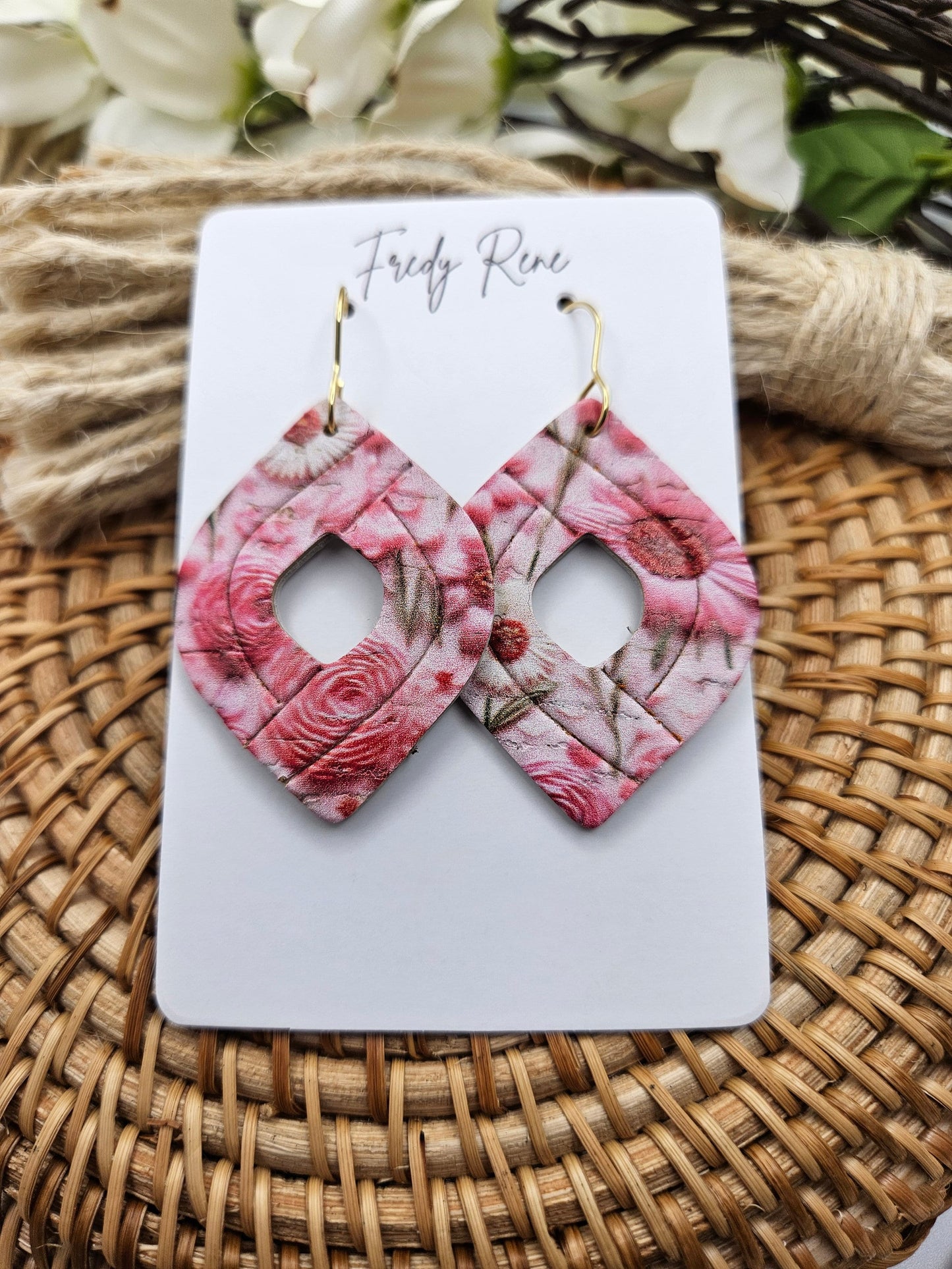 Pink Floral Cork Backed with Genuine Leather Earrings