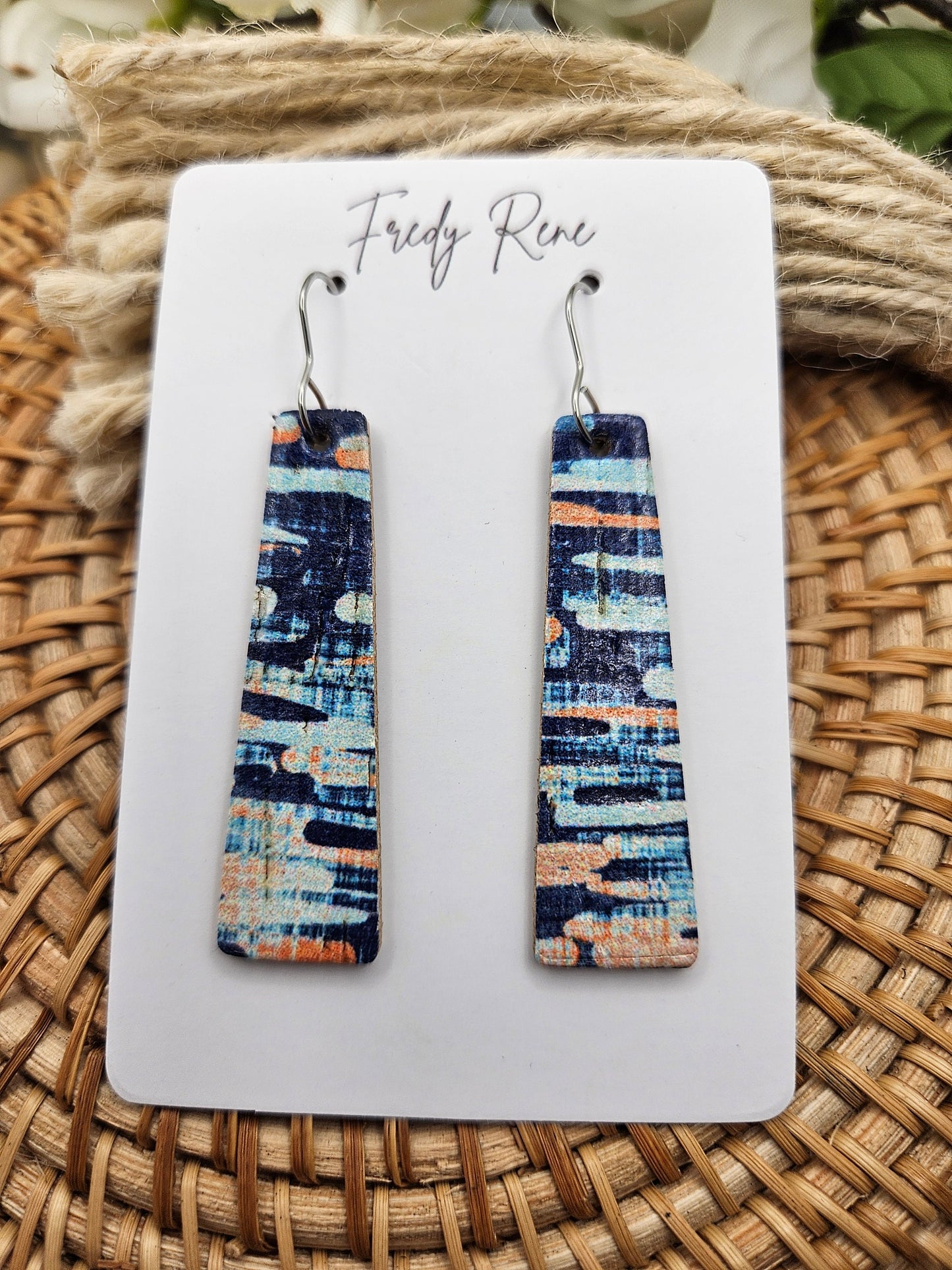 Abstract Blue Bar Cork Backed with Leather Earrings