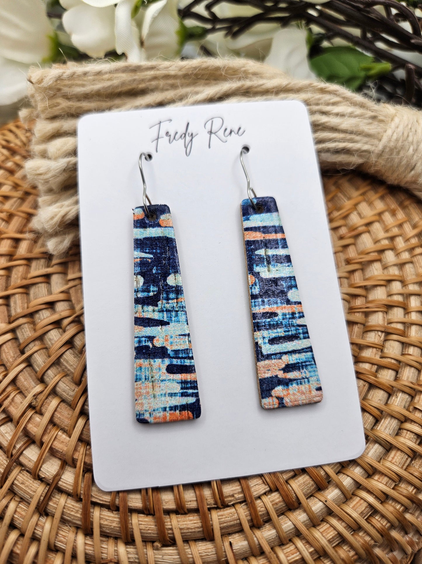 Abstract Blue Bar Cork Backed with Leather Earrings