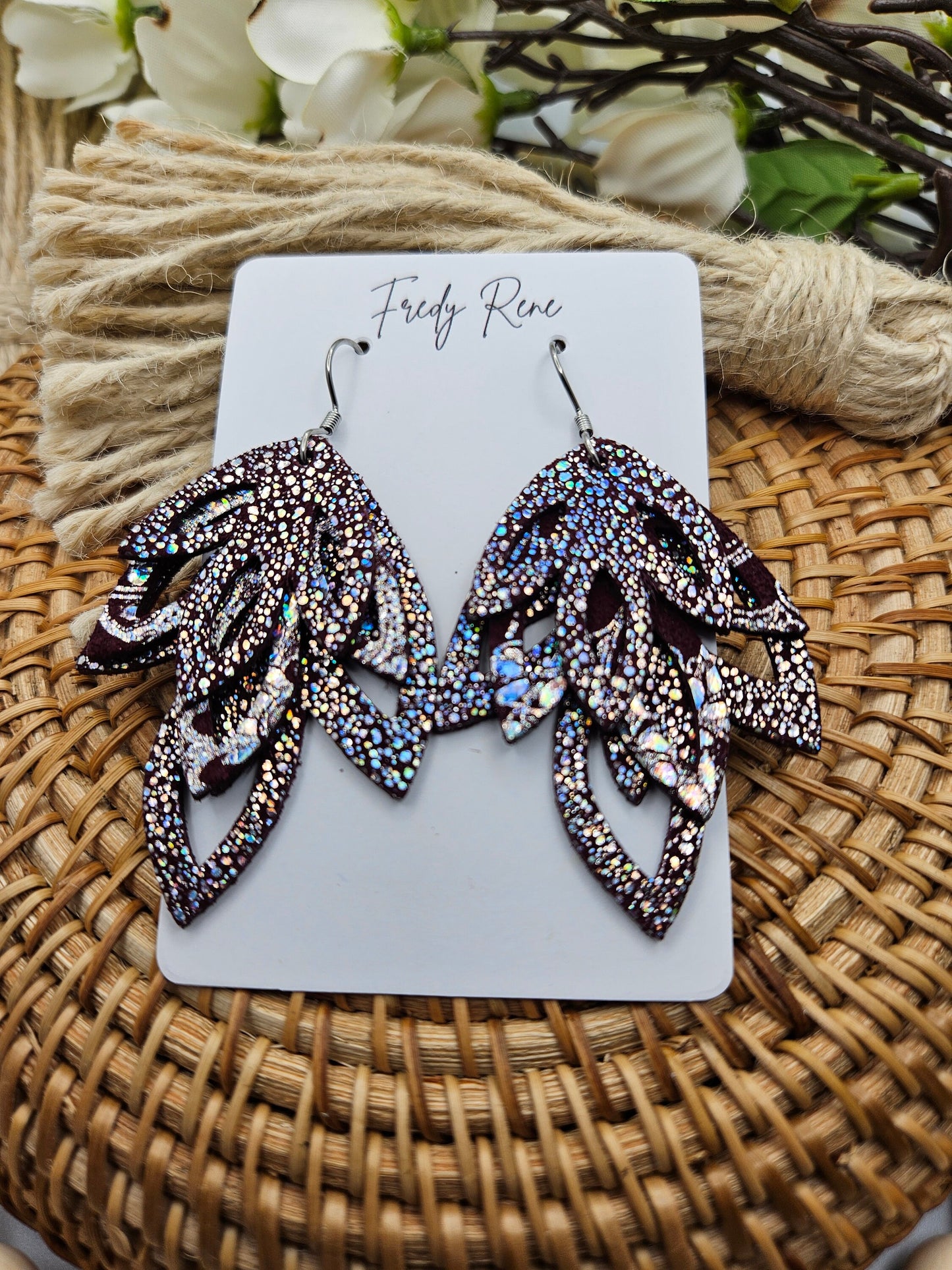 Dark Maroon Shimmer Genuine Leather Earrings