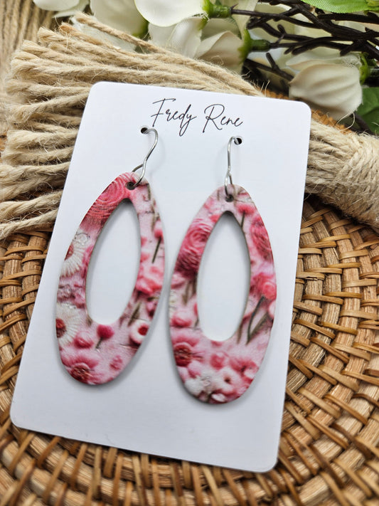 Pink Floral Cork on Genuine Leather Earrings