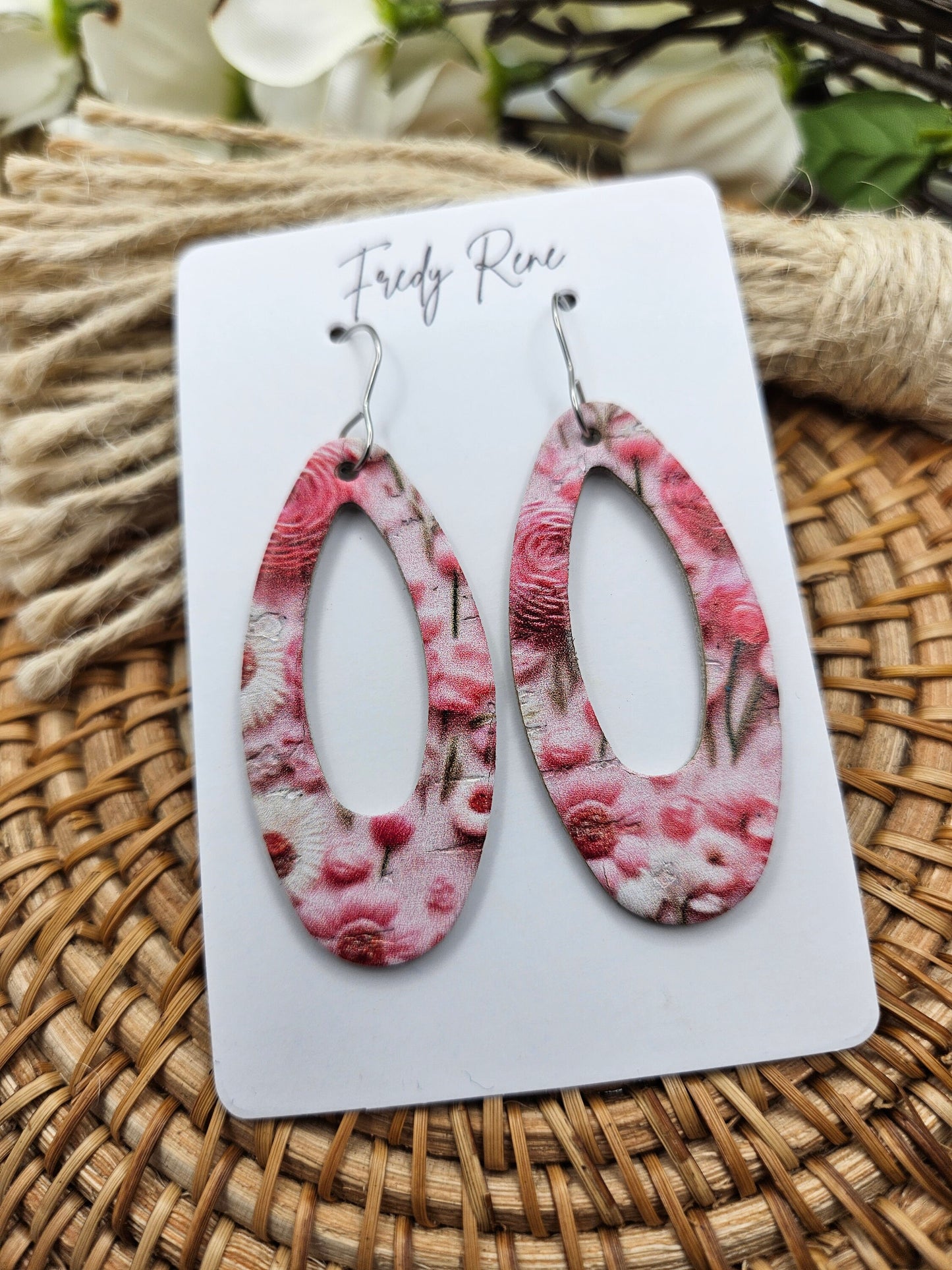 Pink Floral Cork on Genuine Leather Earrings