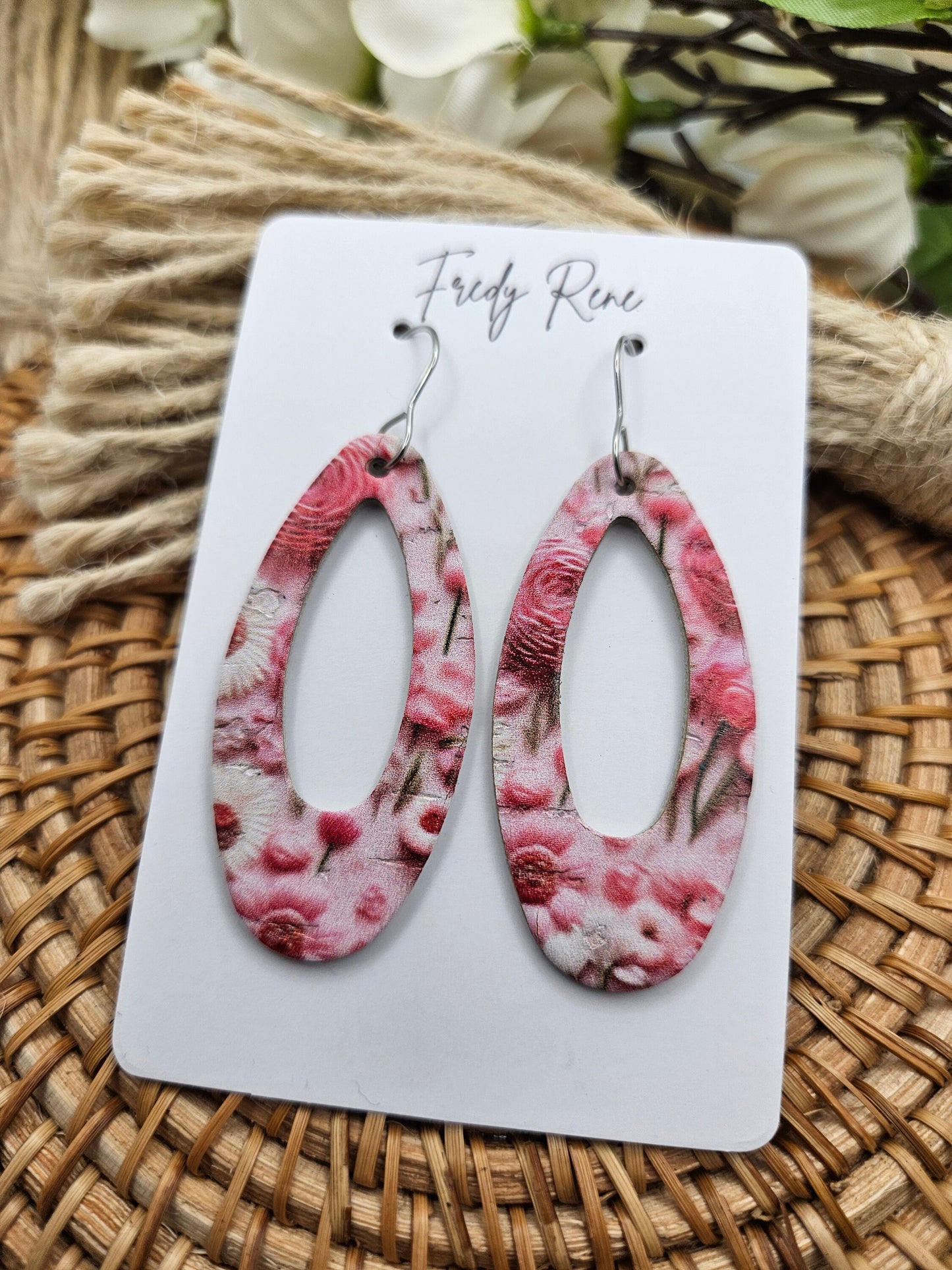 Pink Floral Cork on Genuine Leather Earrings