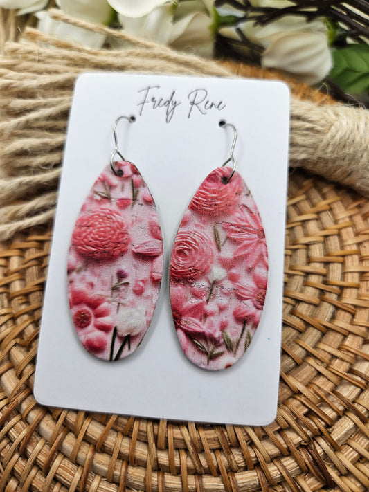 Pink Floral Oval Cork on Genuine Leather Earrings