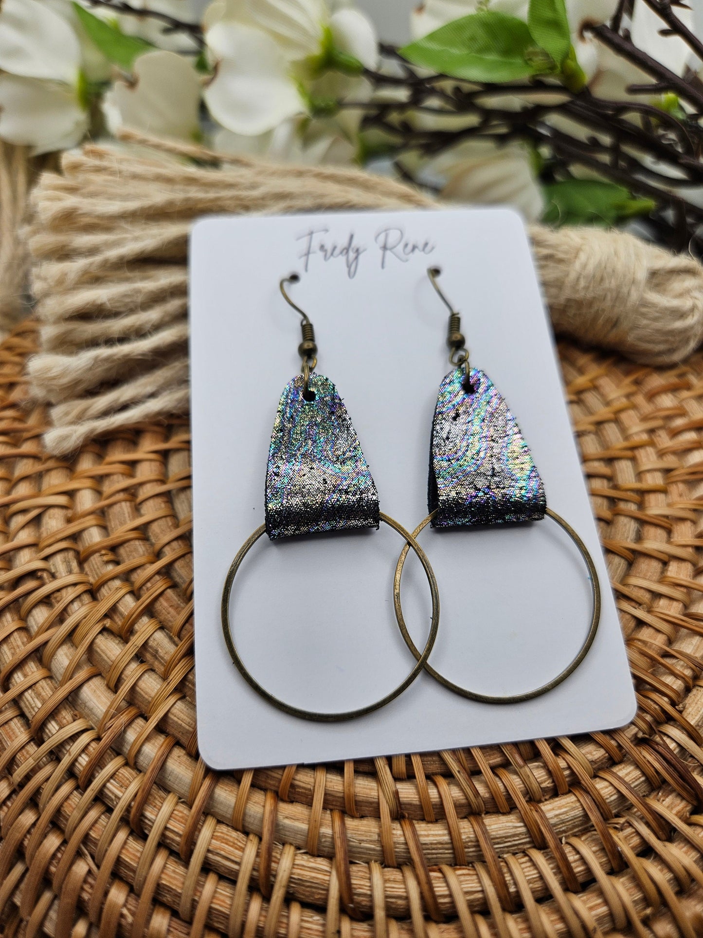 Iridescent Genuine Leather & Metal Hoop Earrings