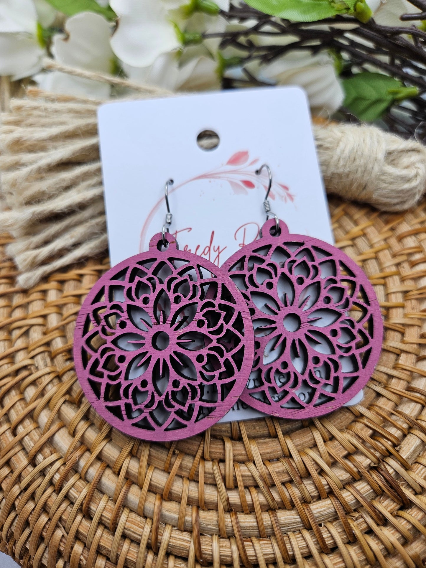 Pink Hand Painted Wooden Floral Earrings