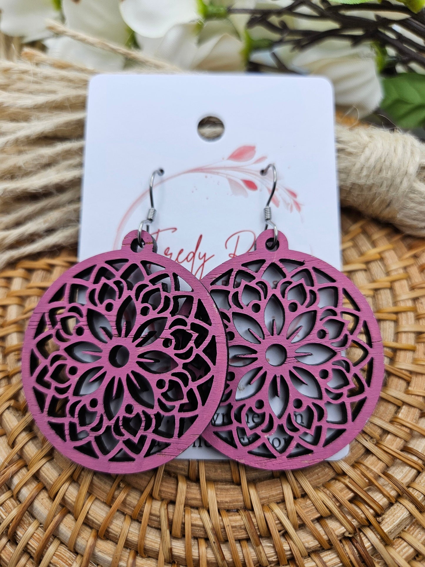 Pink Hand Painted Wooden Floral Earrings