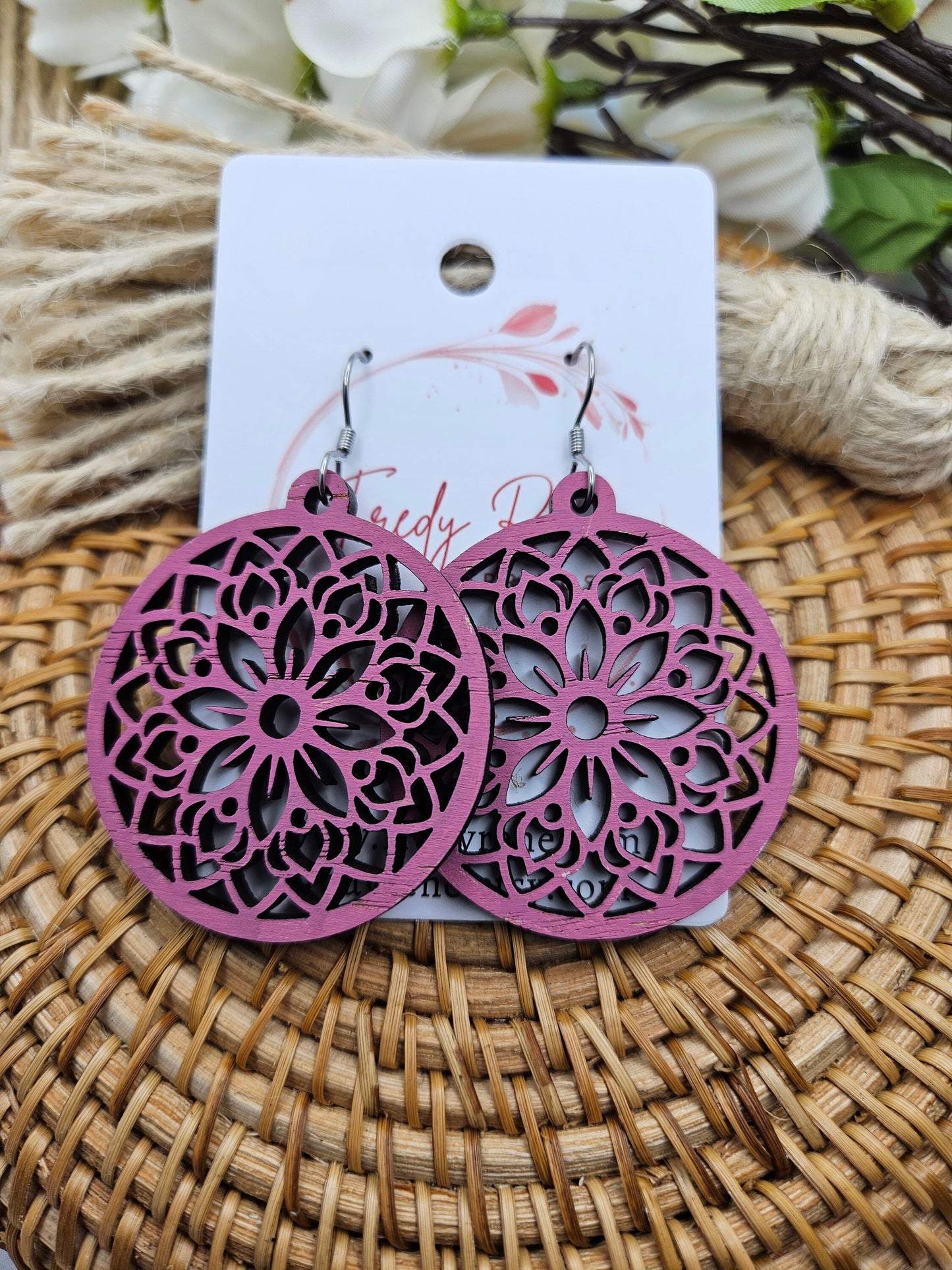 Pink Hand Painted Wooden Floral Earrings