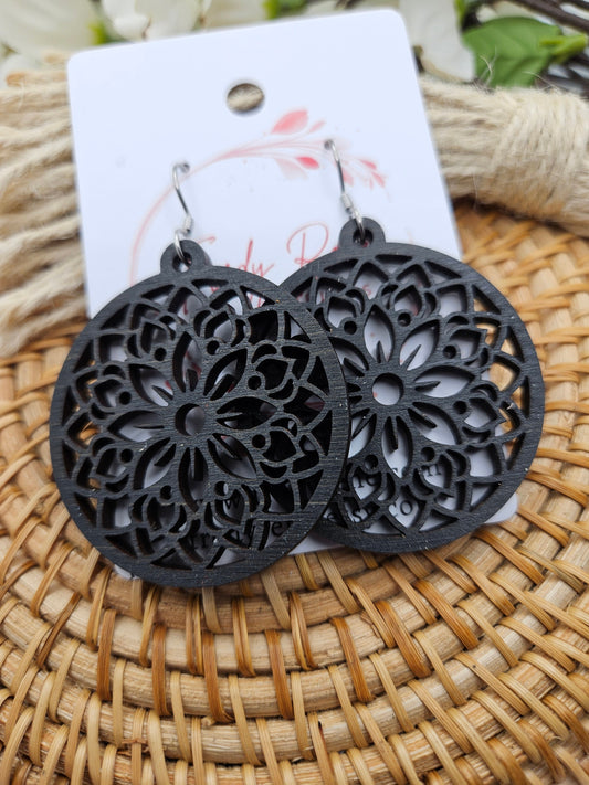 Handmade Black Wood Floral Earrings: Boho Dangle Jewelry