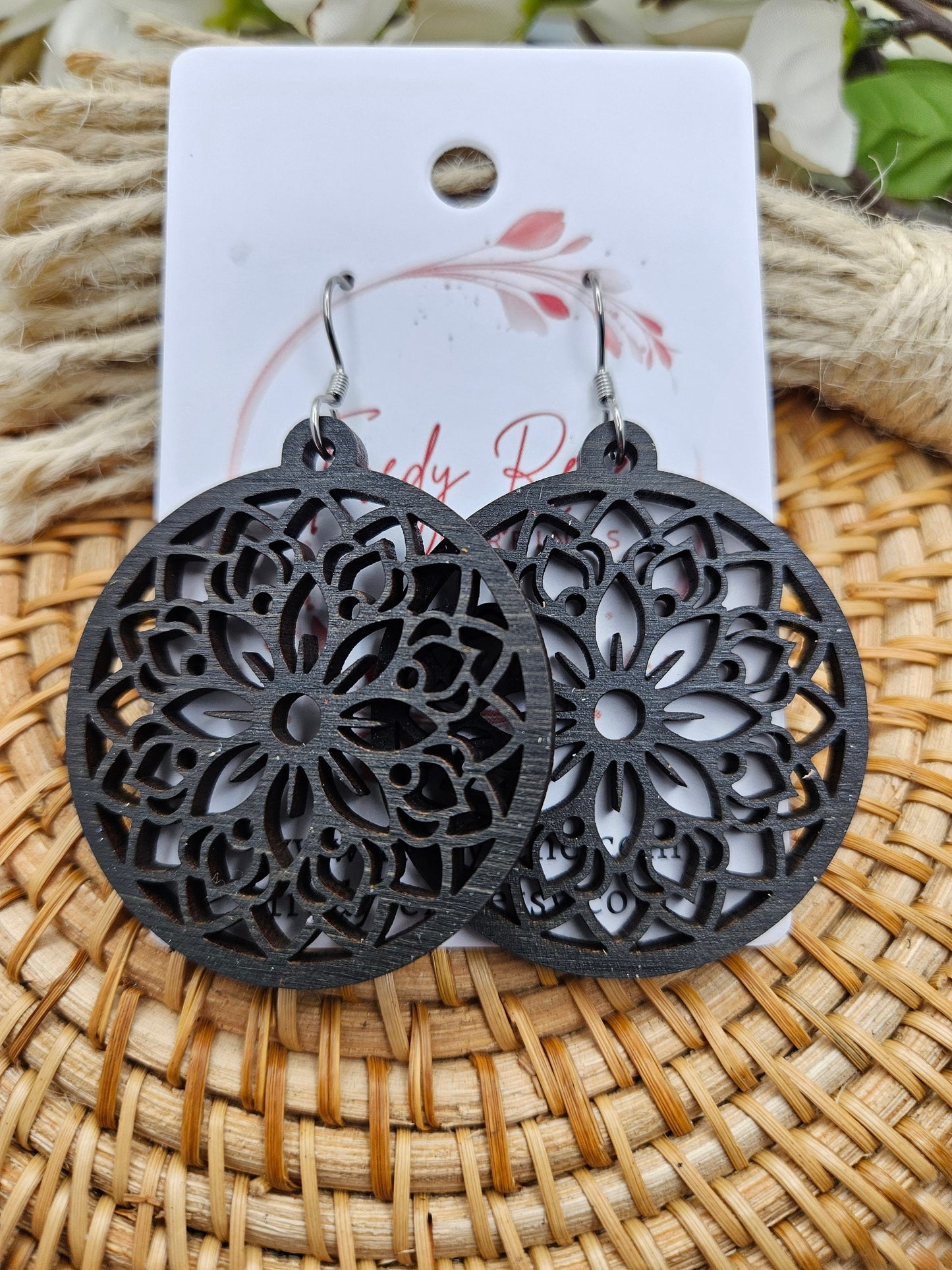 Black Wooden Floral Earrings