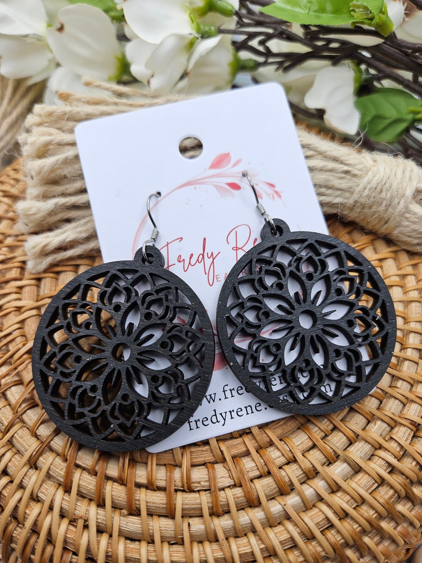 Black Wooden Floral Earrings